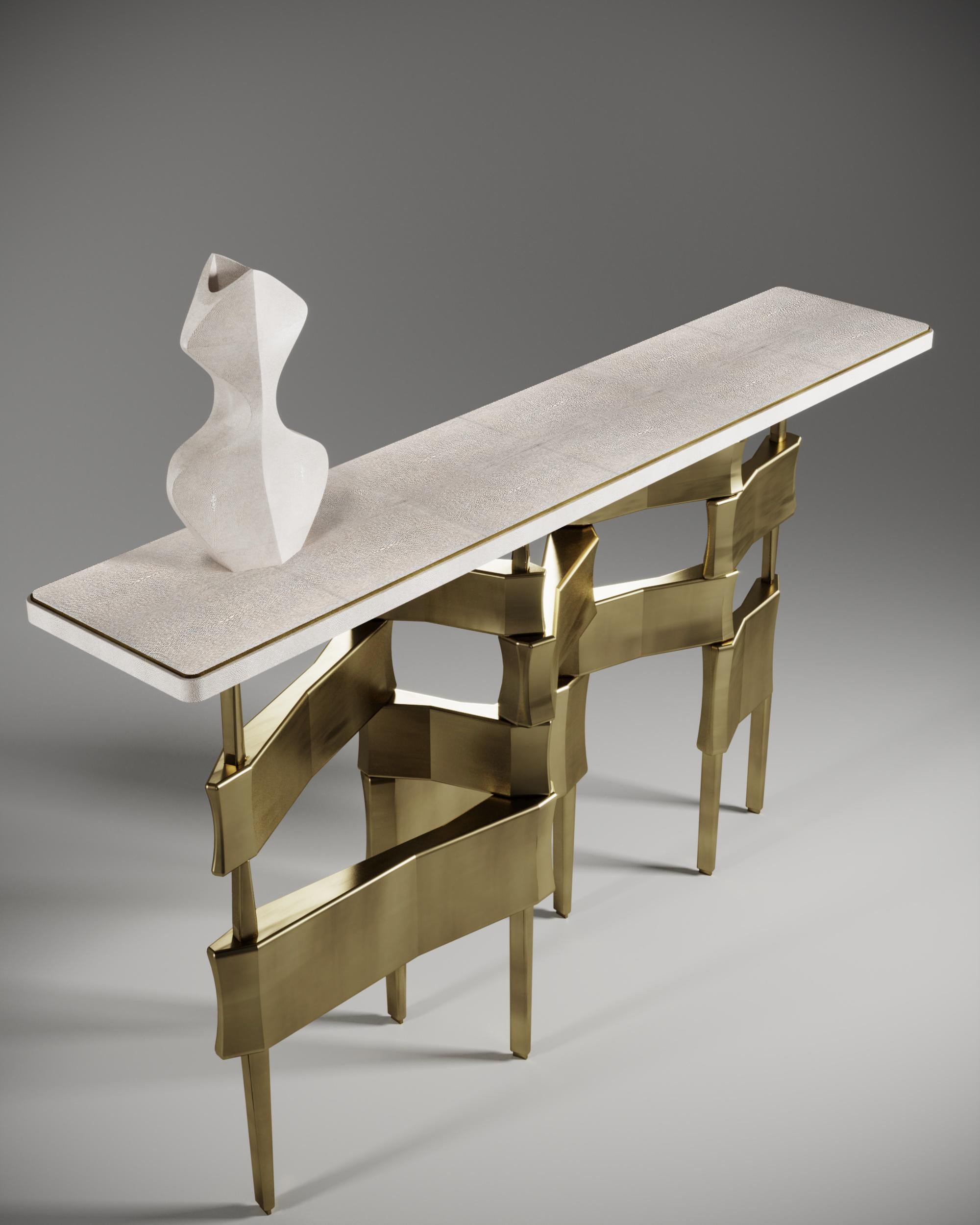 Console Table in Cream Shagreen and Bronze-Patina Brass by Kifu, Paris In New Condition For Sale In New York, NY