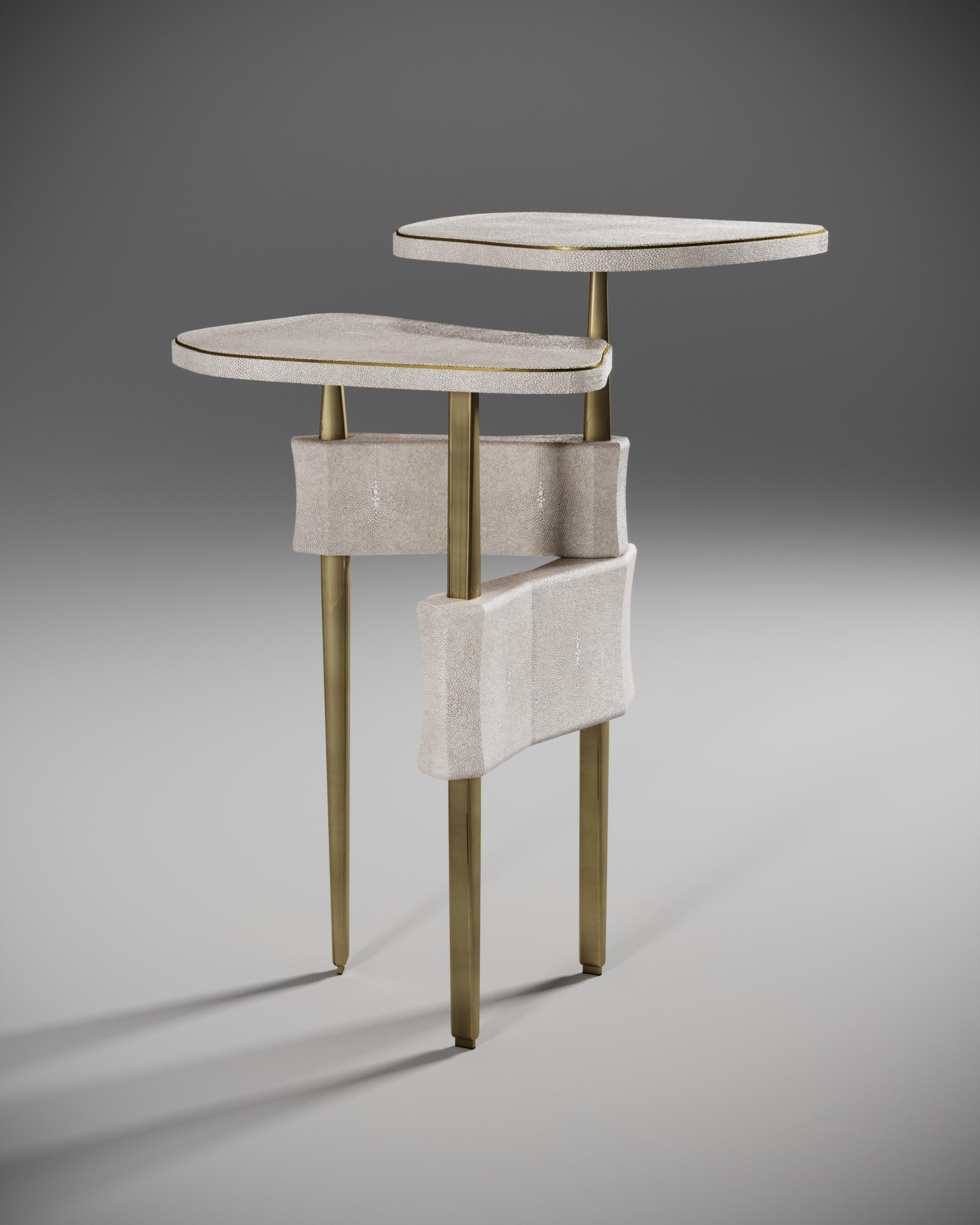 Console Table in Cream Shagreen and Bronze-Patina Brass by Kifu, Paris For Sale 1