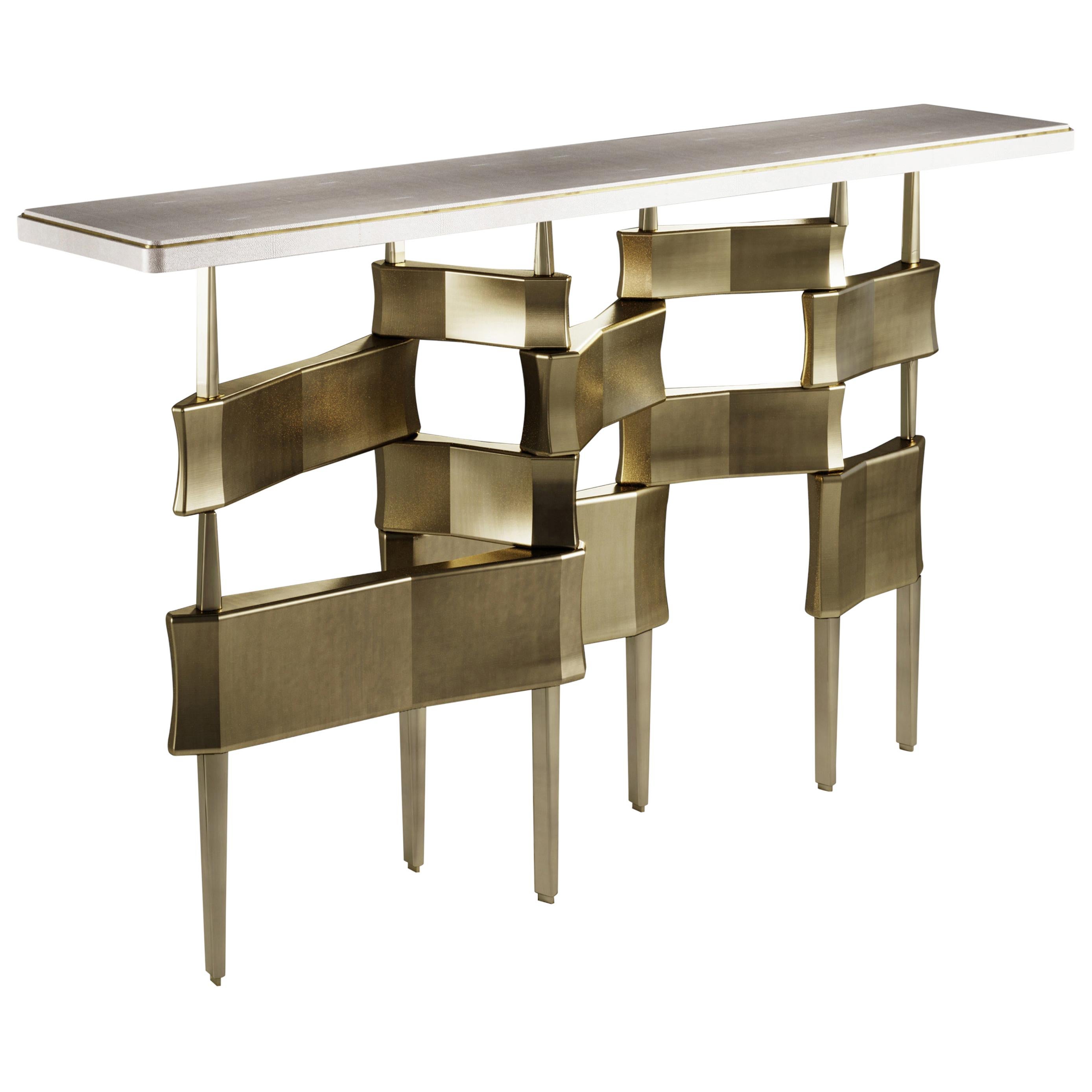 Console Table in Cream Shagreen and Bronze-Patina Brass by Kifu, Paris For Sale