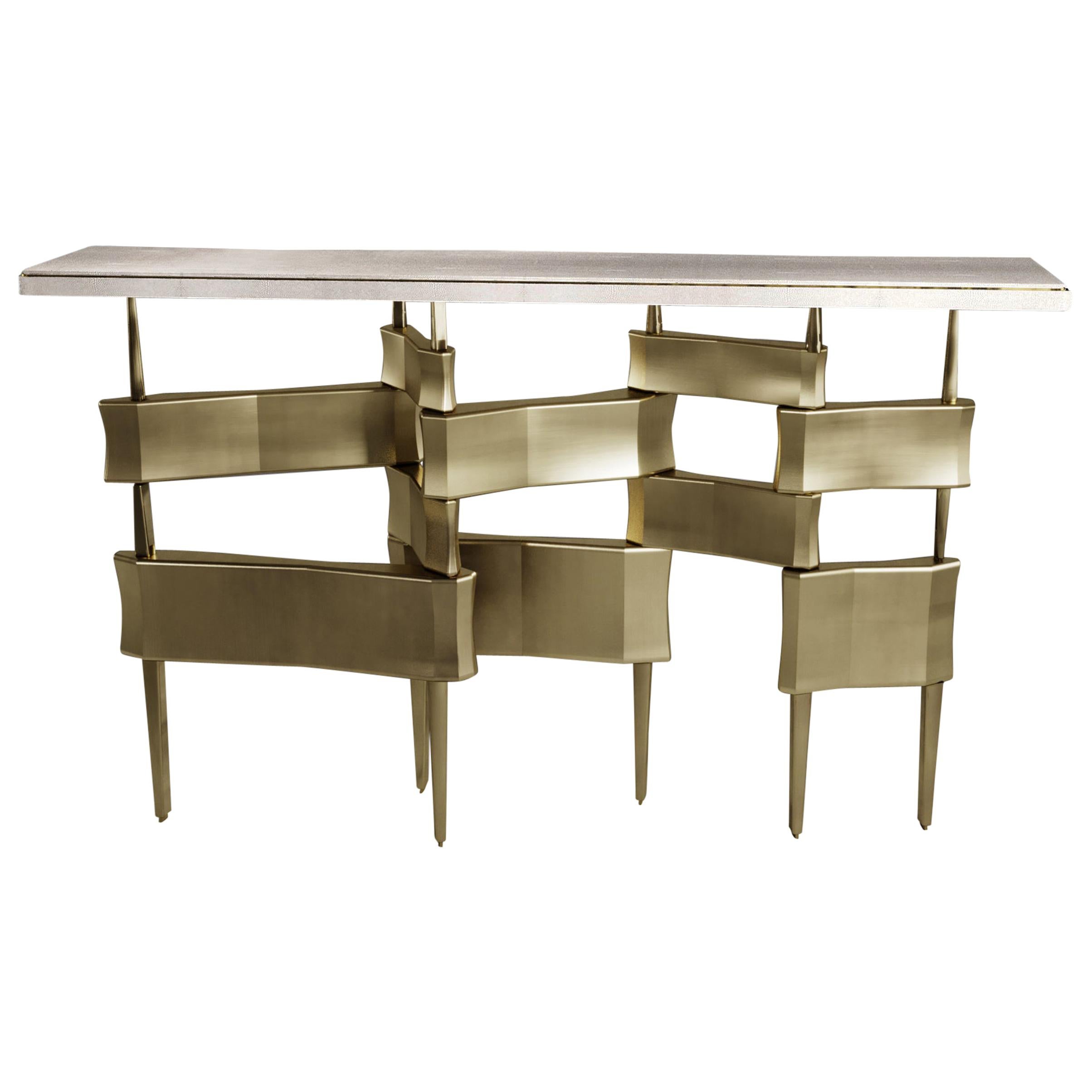Console Table in Cream Shagreen and Bronze-Patina Brass by Kifu Paris For Sale