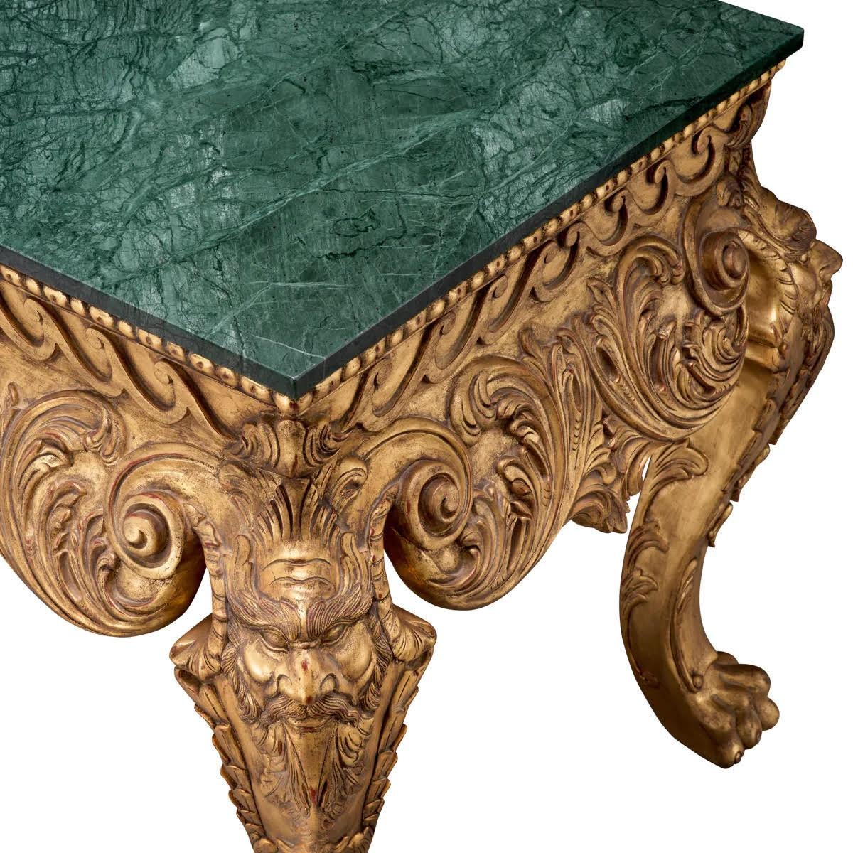 Modern Console Table in Gilded Wood and Green Marble. For Sale