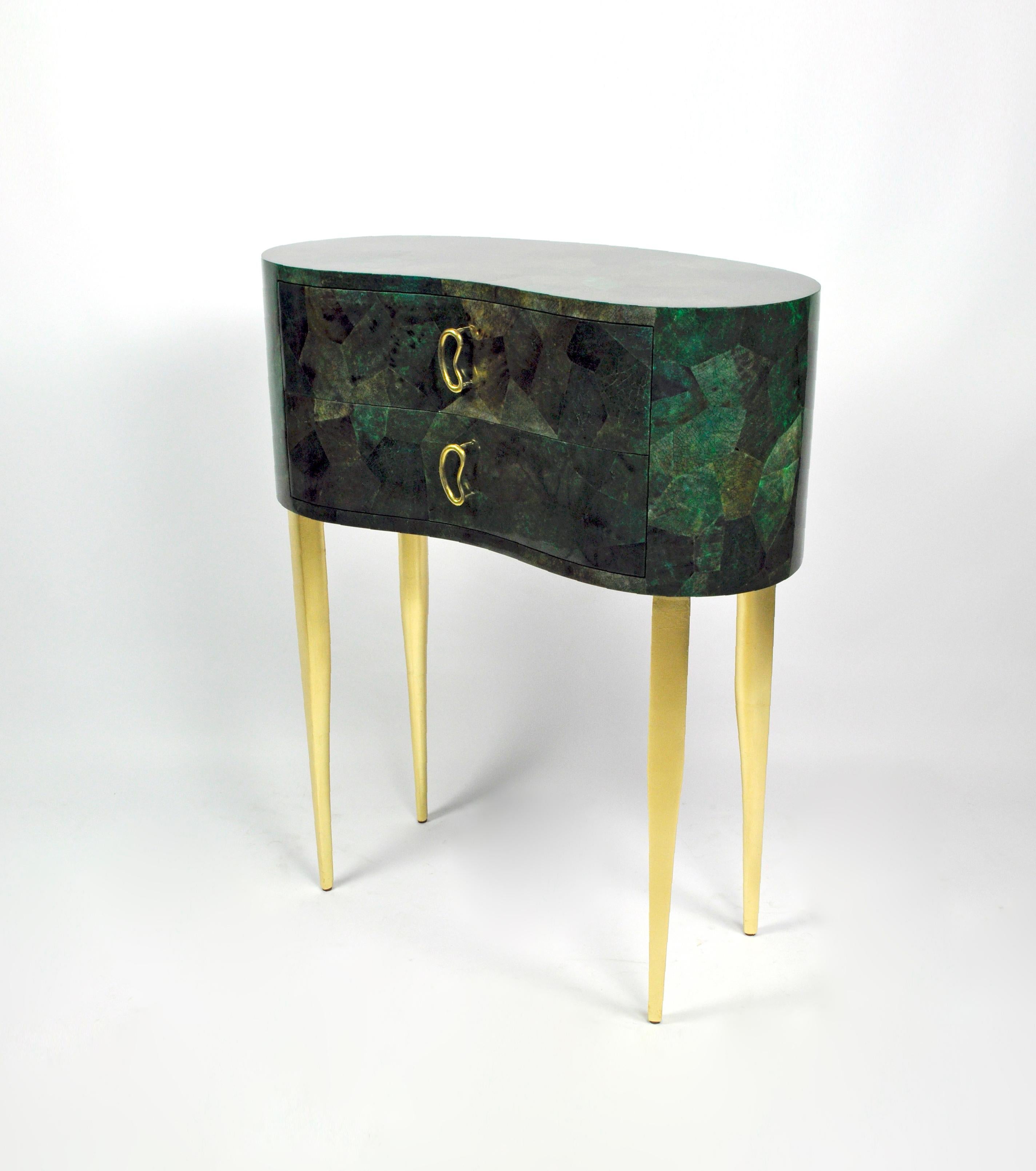 French Console table in Green marquetry by Ginger Brown For Sale