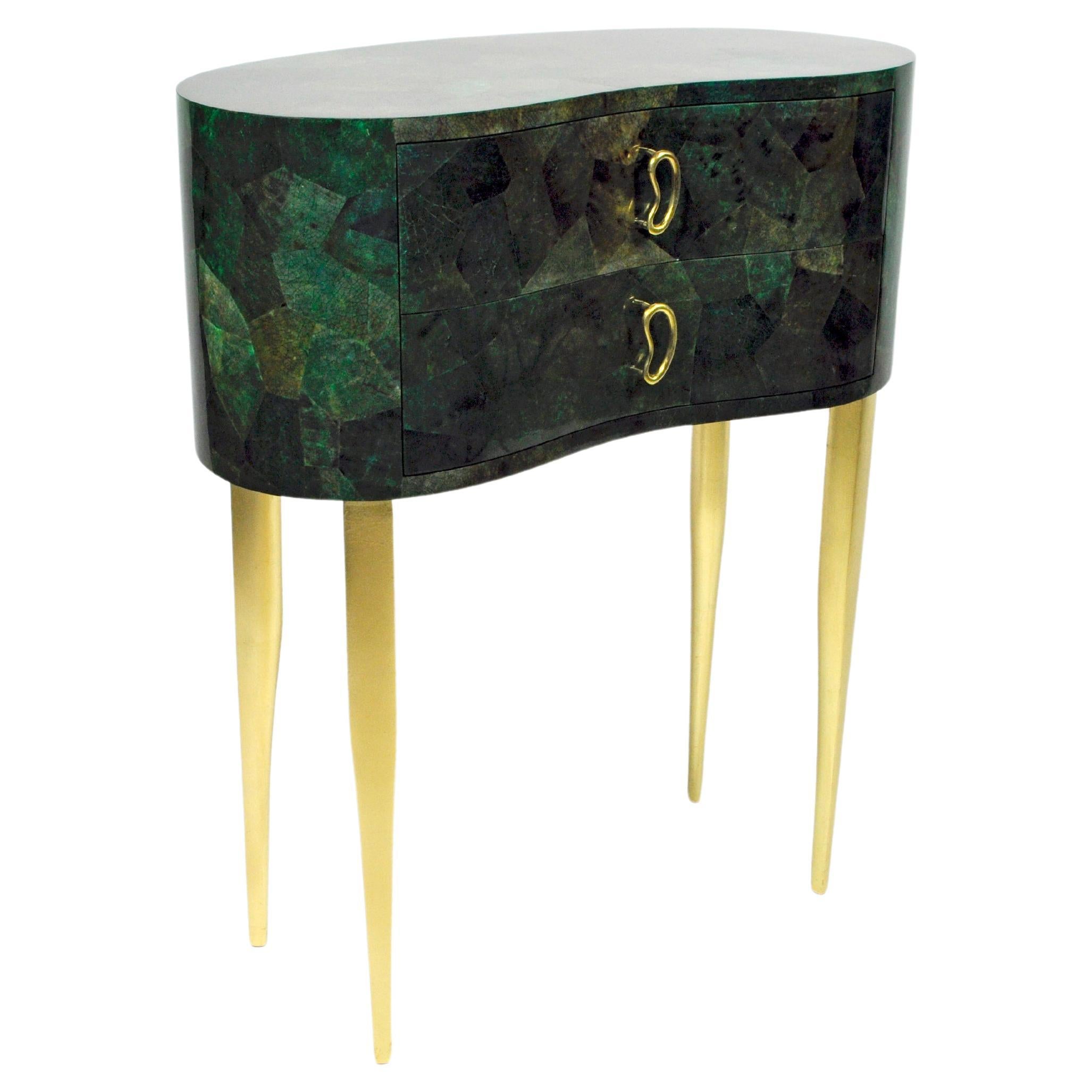 Console table in Green marquetry by Ginger Brown For Sale