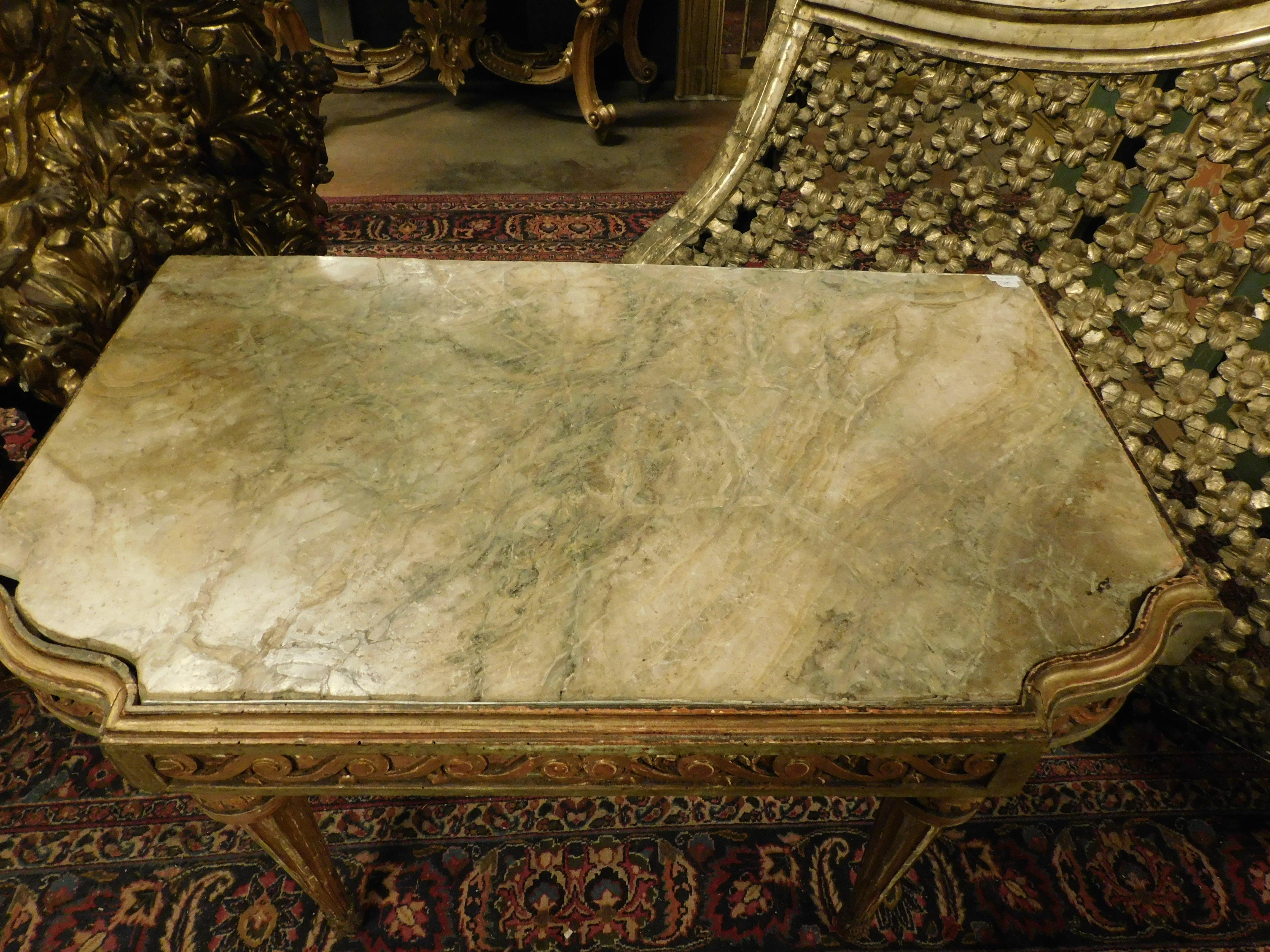 Console table in lacquered and gilded wood with floral motifs, alabaster top For Sale 5