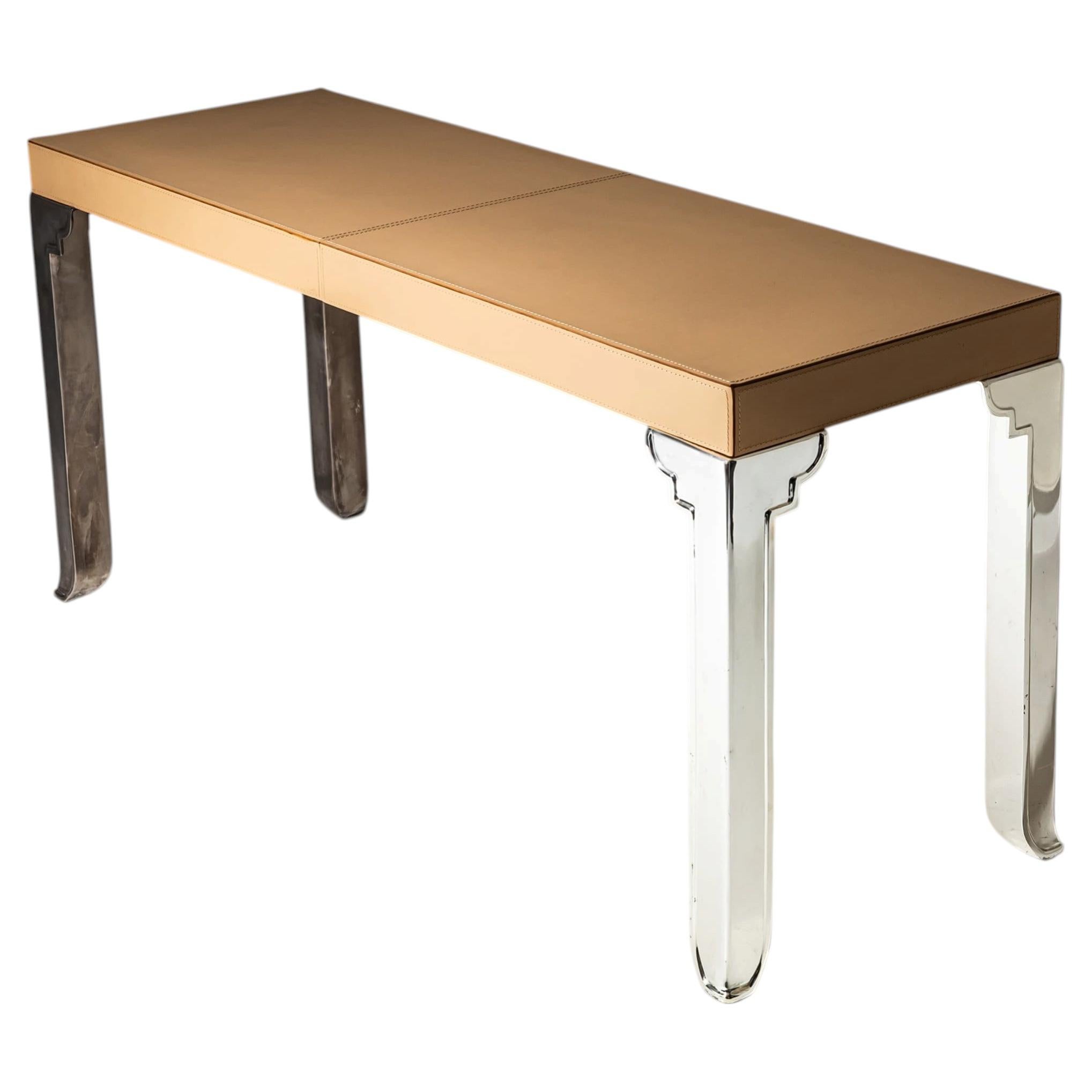 Table console en cuir et acier inoxydable, probablement Italie, années 2000