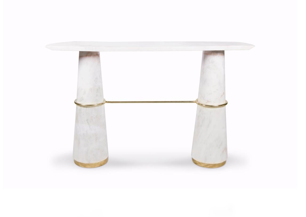 Polished Console Table in Marble with Brass Details For Sale