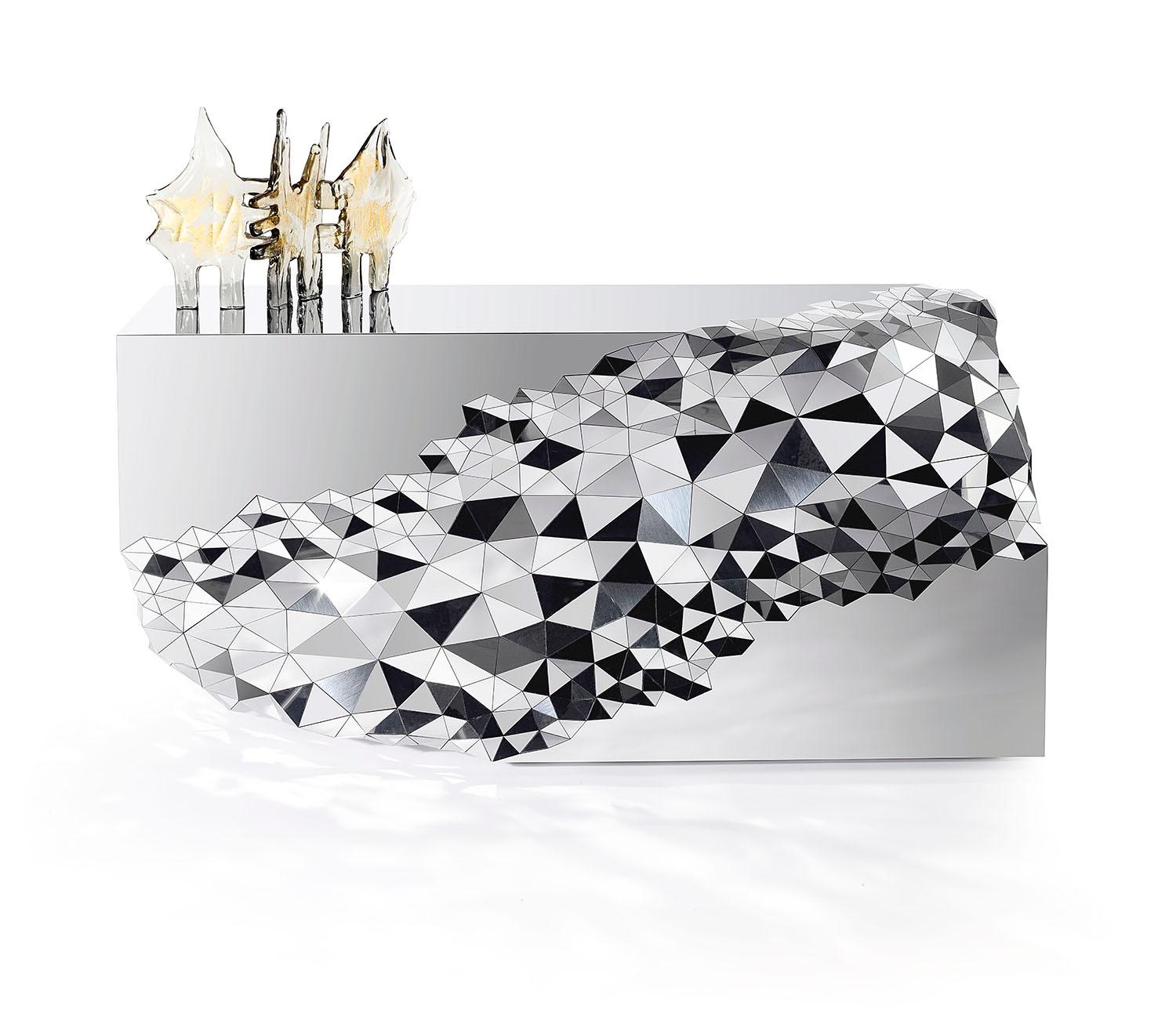 Modern Geometric Console Table in Mirror Polished Steel -  