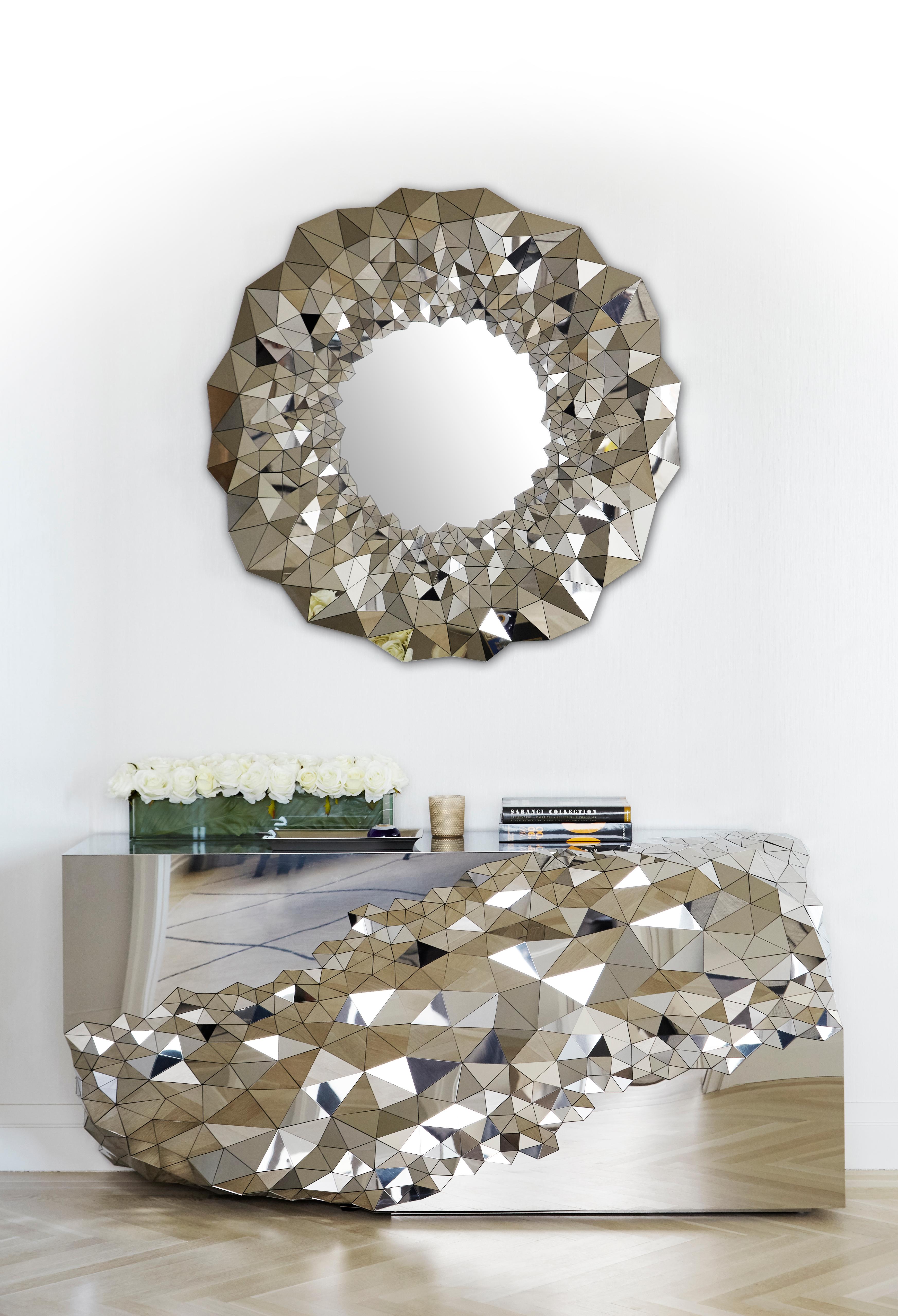 Contemporary Geometric Console Table in Mirror Polished Steel -  