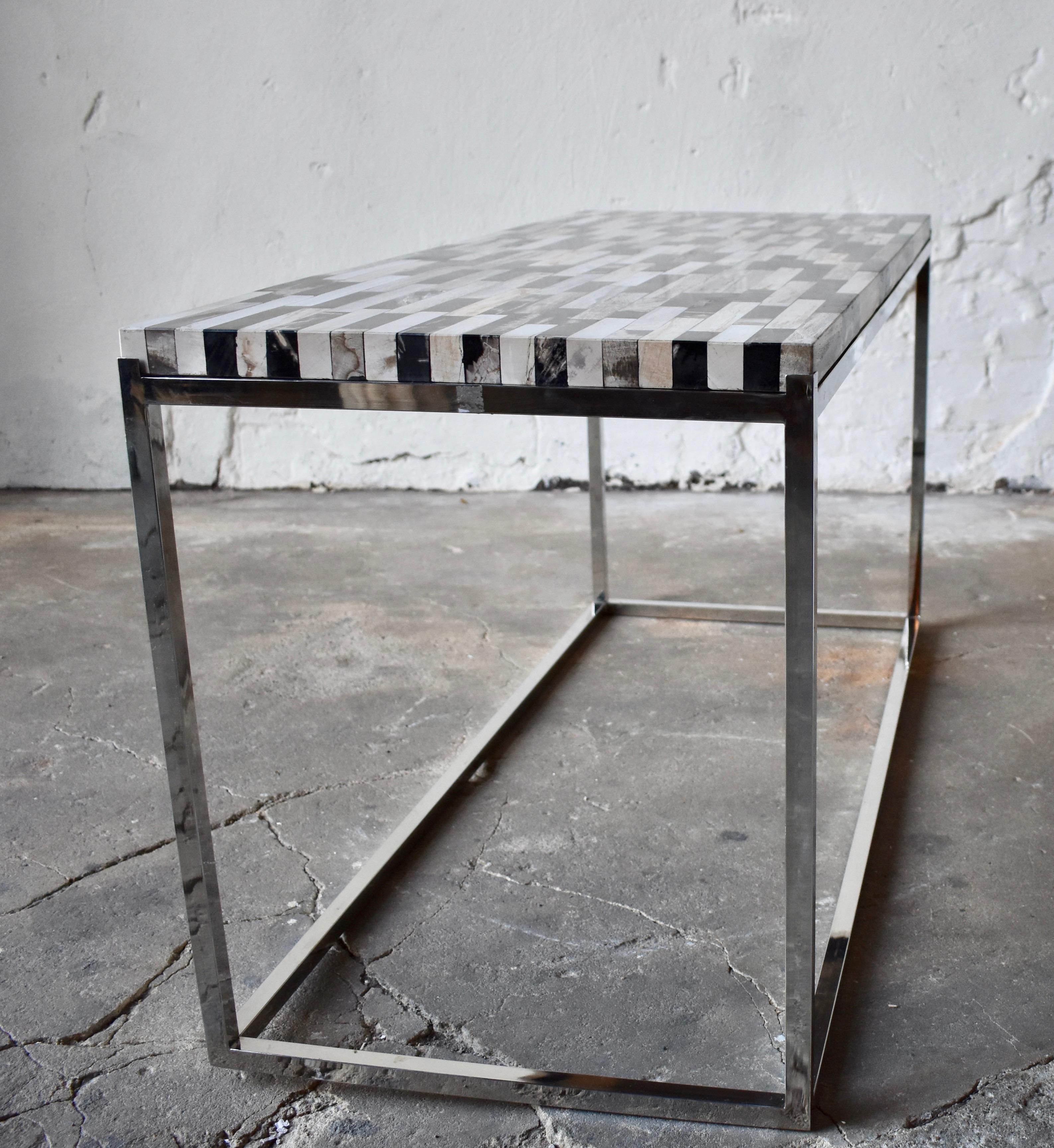Modern Console Table in Petrified Wood and Stainless Steel Base For Sale
