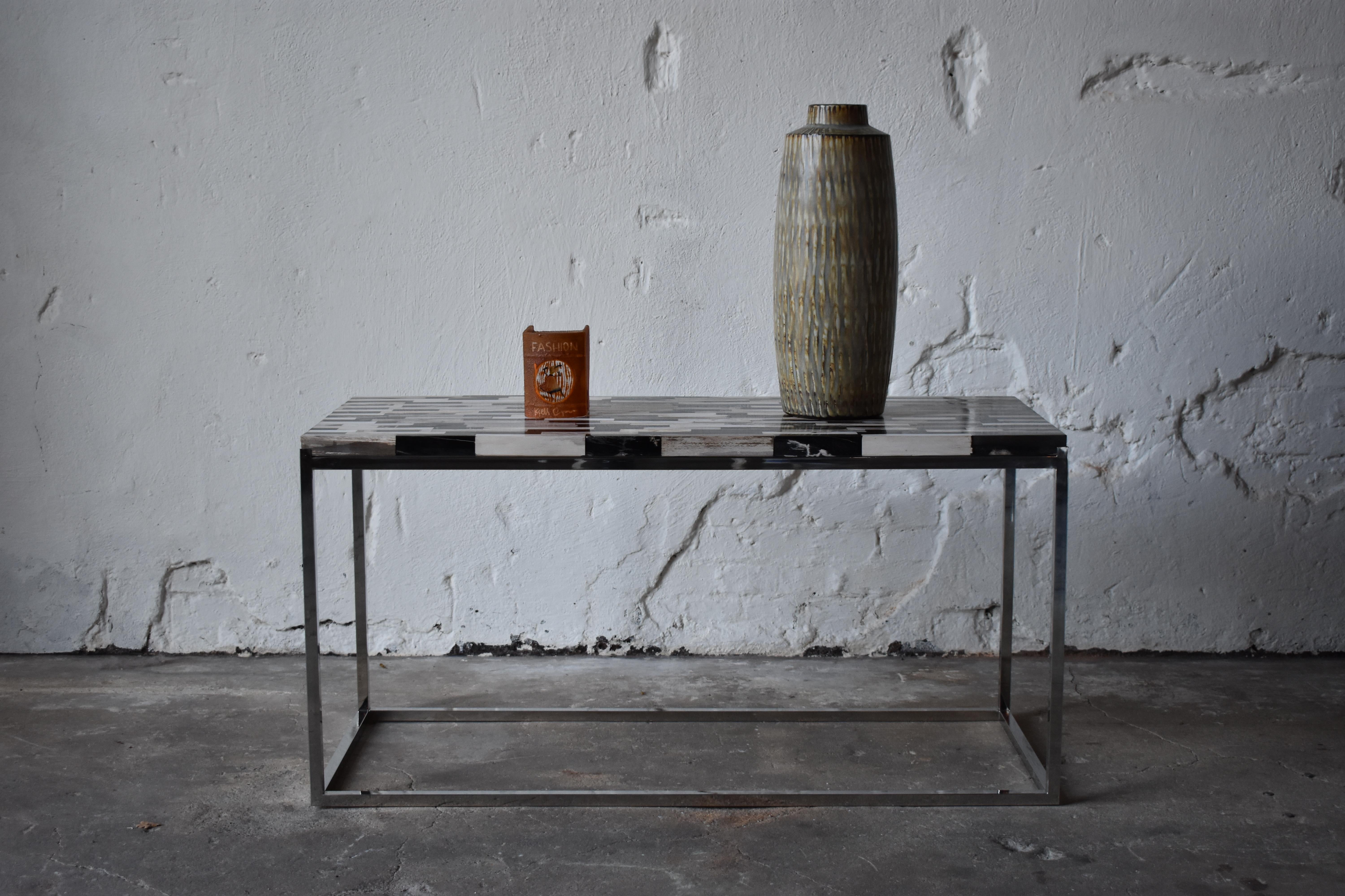 Hand-Crafted Console Table in Petrified Wood and Stainless Steel Base For Sale