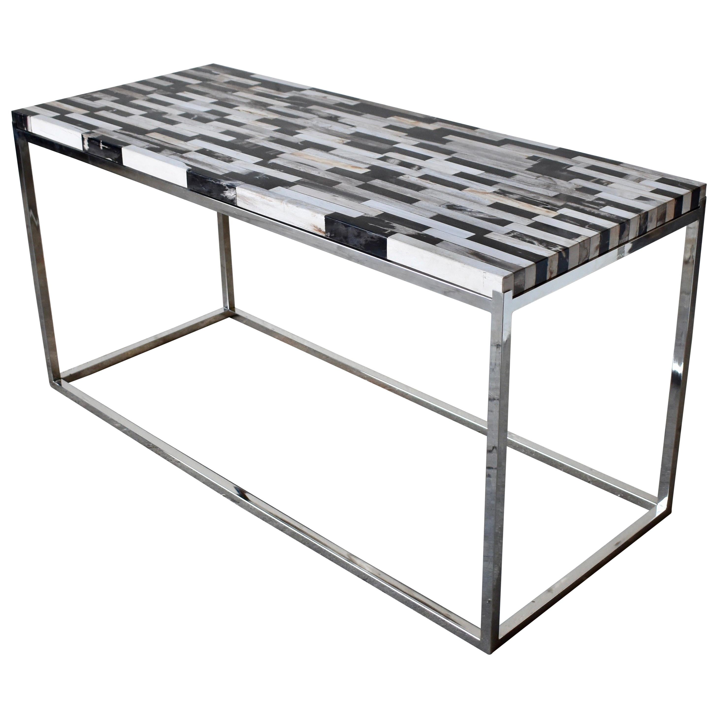 Console Table in Petrified Wood and Stainless Steel Base For Sale