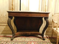 Console table in solid walnut wood, white marble top, Genoa (Italy)