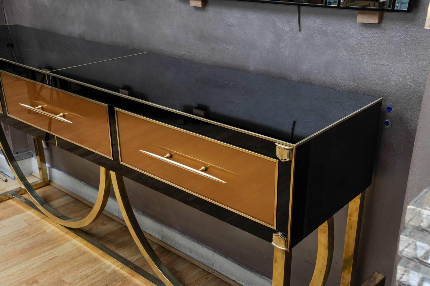 Italian Console Table in Tinted Glass and Brass