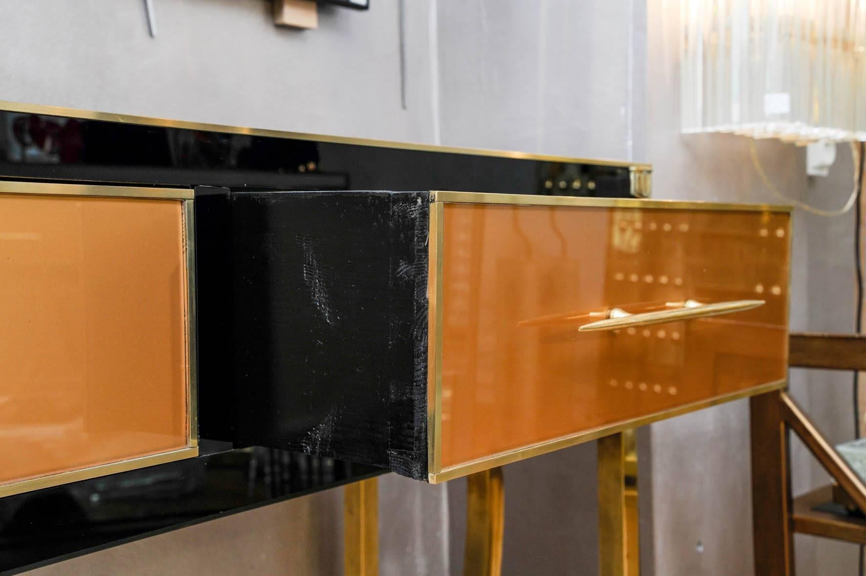 Console Table in Tinted Glass and Brass In Excellent Condition In Saint ouen, FR