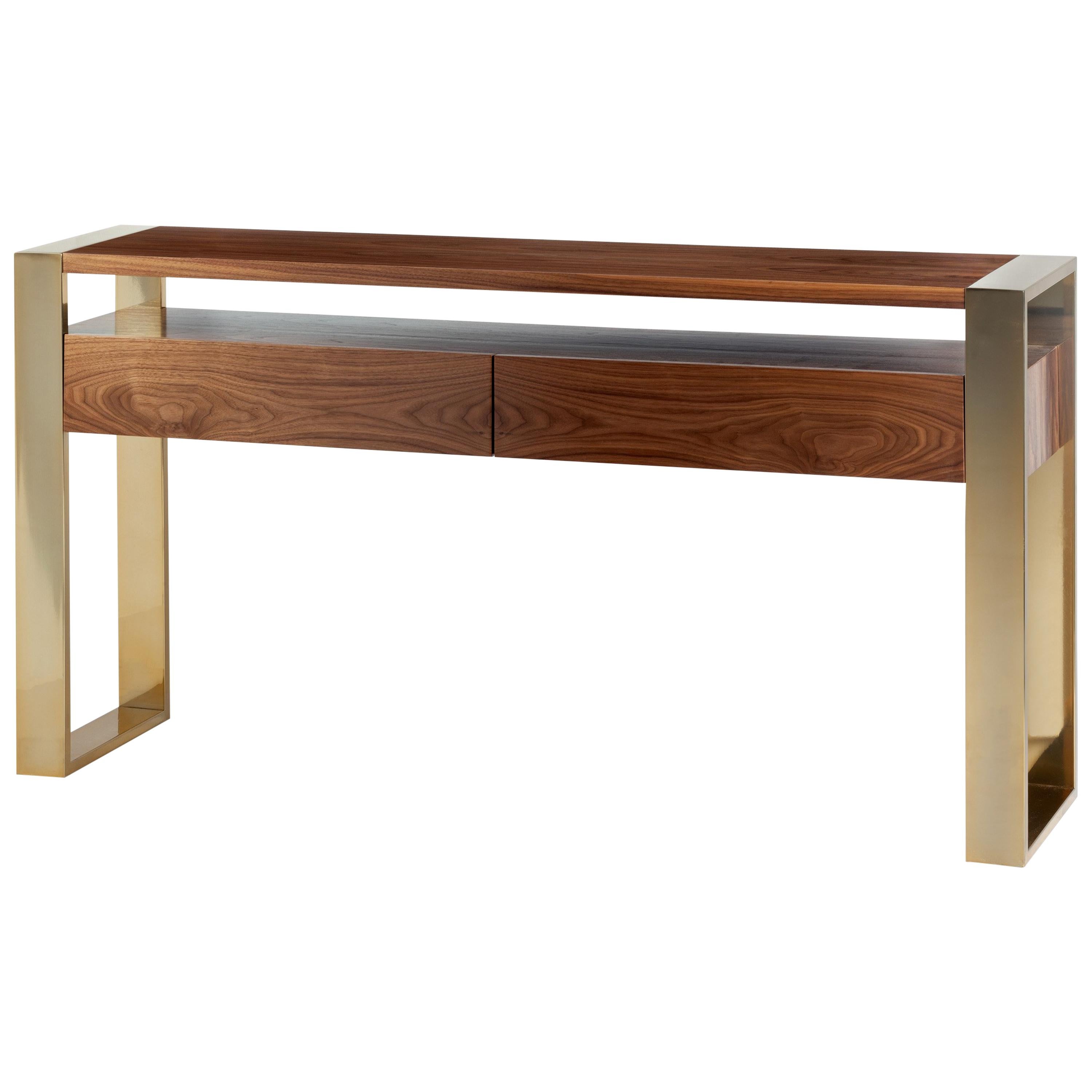Table console en bois et laiton en vente