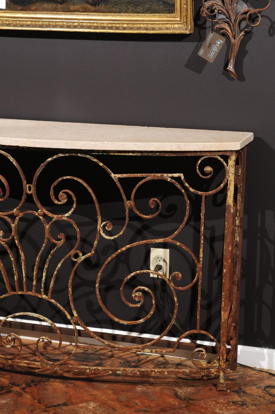 French Console Table Made From Parisian 1880s Wrought-Iron Balcony and Custom Stone Top