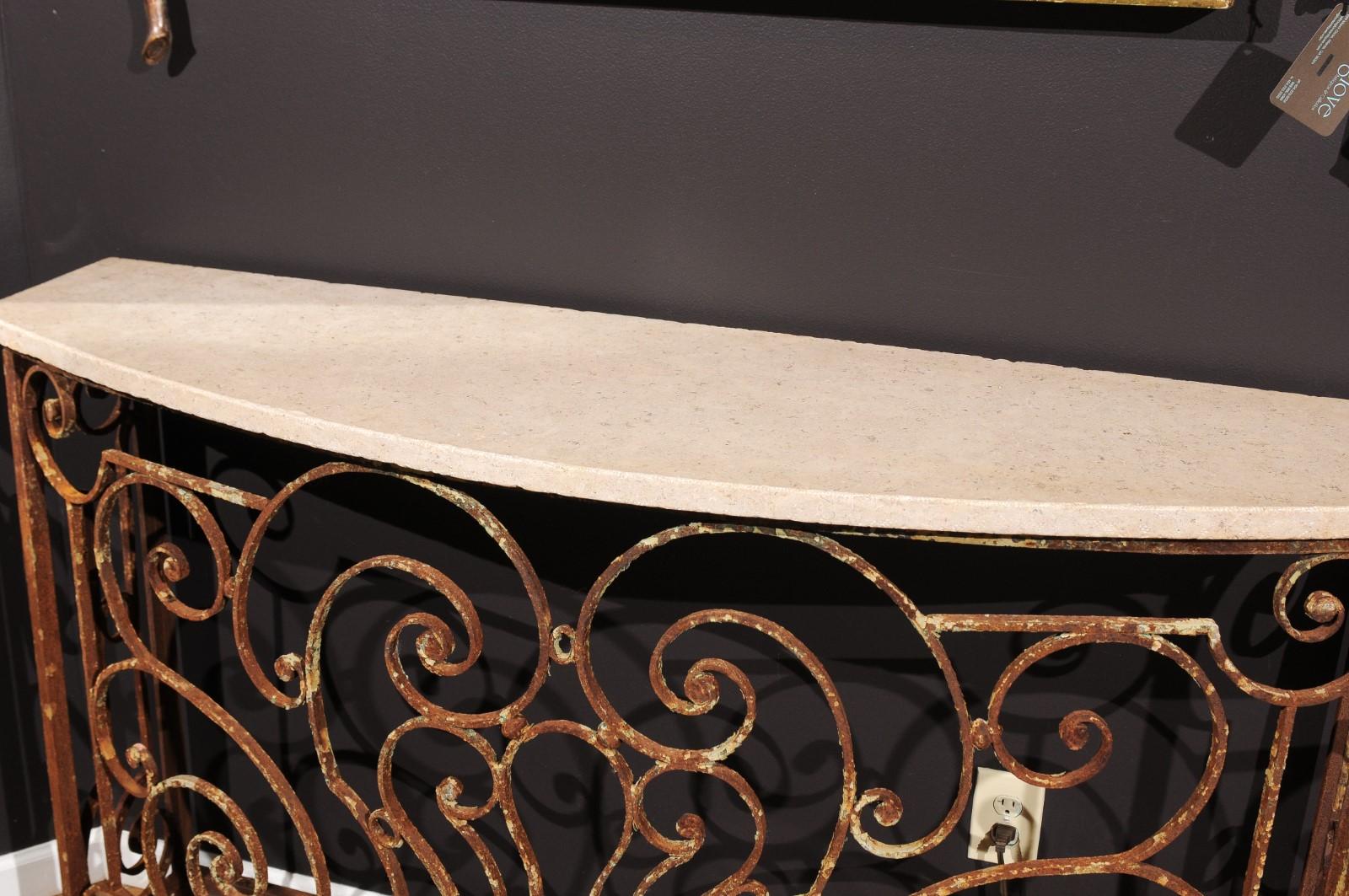 Console Table Made From Parisian 1880s Wrought-Iron Balcony and Custom Stone Top In Good Condition In Atlanta, GA