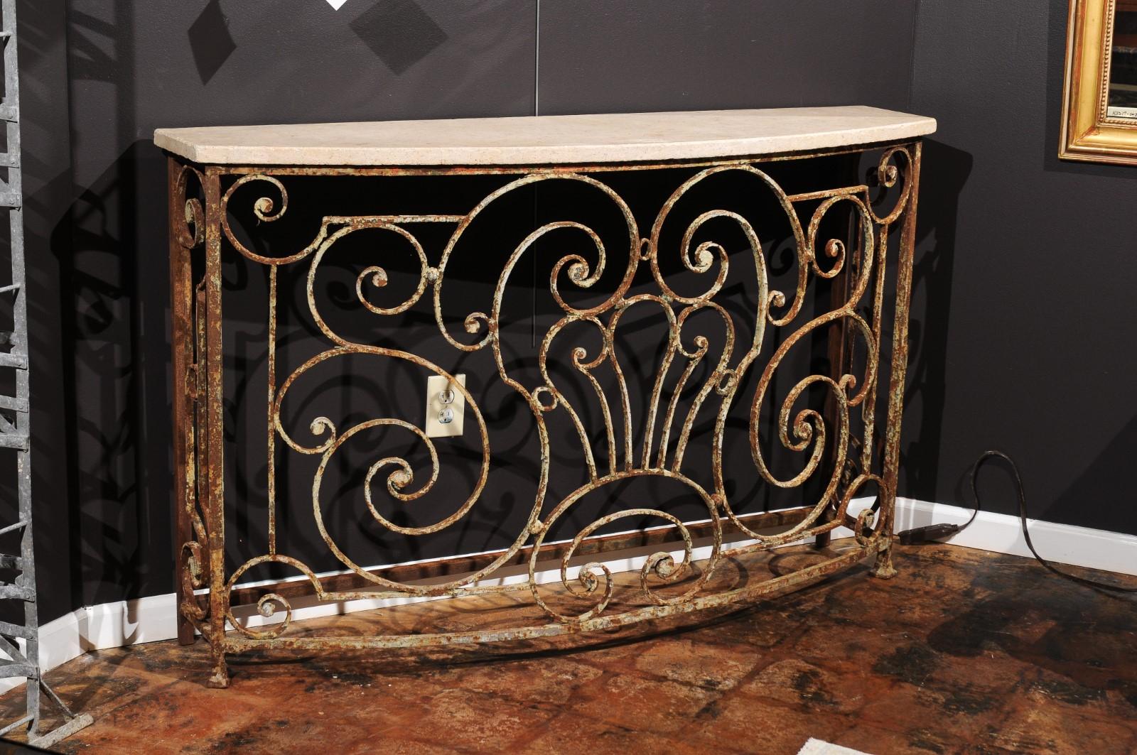 Console Table Made From Parisian 1880s Wrought-Iron Balcony and Custom Stone Top 1