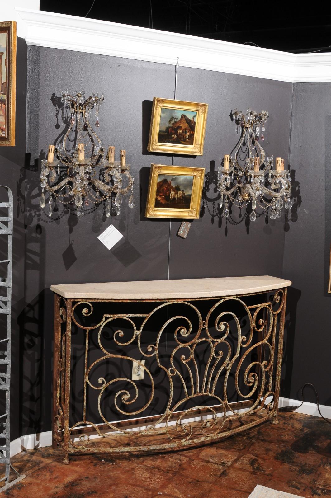 Console Table Made From Parisian 1880s Wrought-Iron Balcony and Custom Stone Top 2