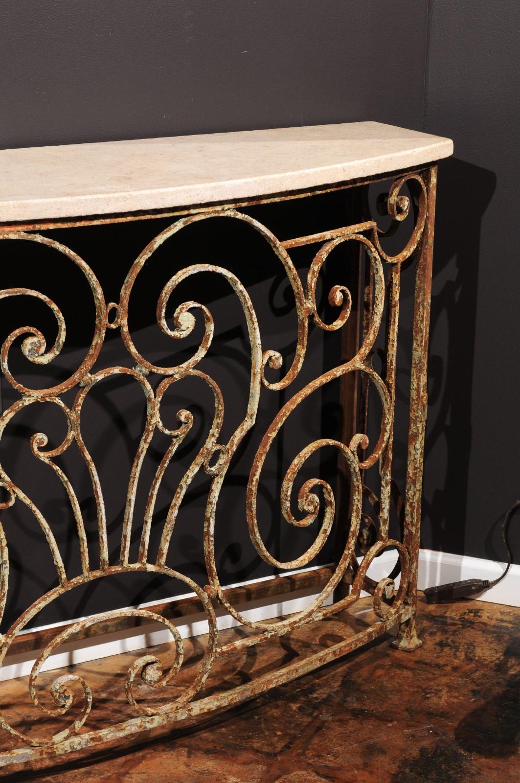 Console Table Made From Parisian 1880s Wrought-Iron Balcony and Custom Stone Top 3