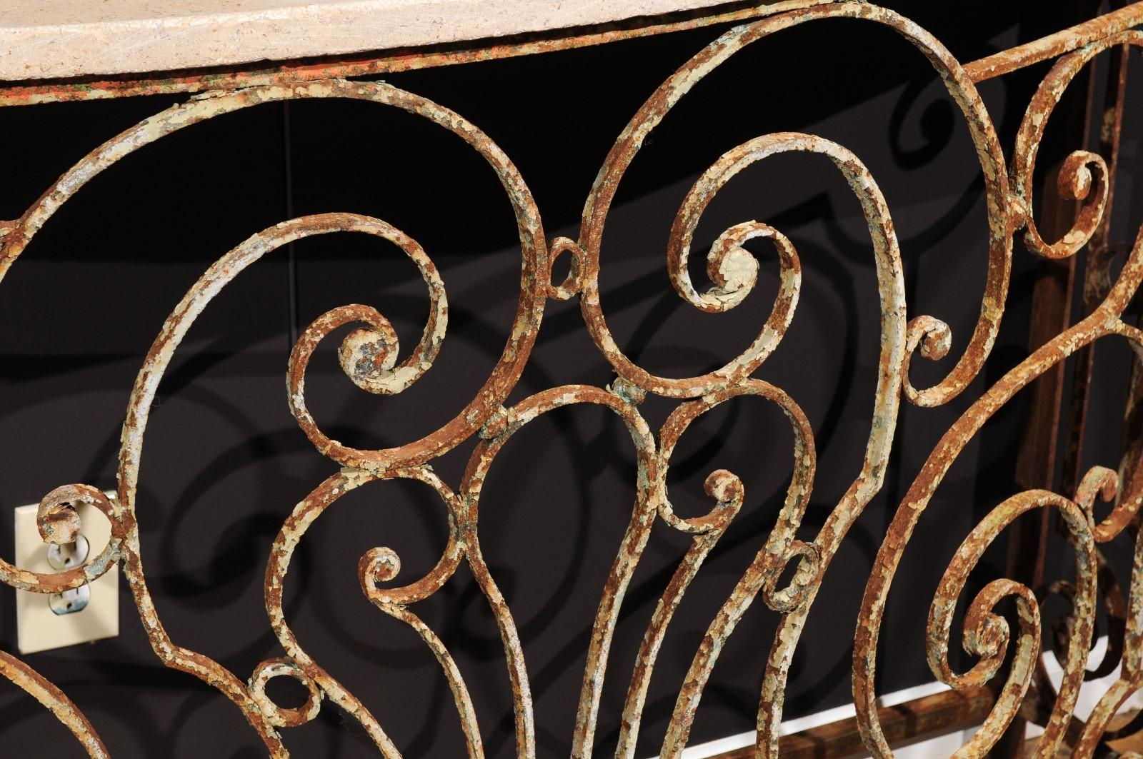 Console Table Made From Parisian 1880s Wrought-Iron Balcony and Custom Stone Top 4