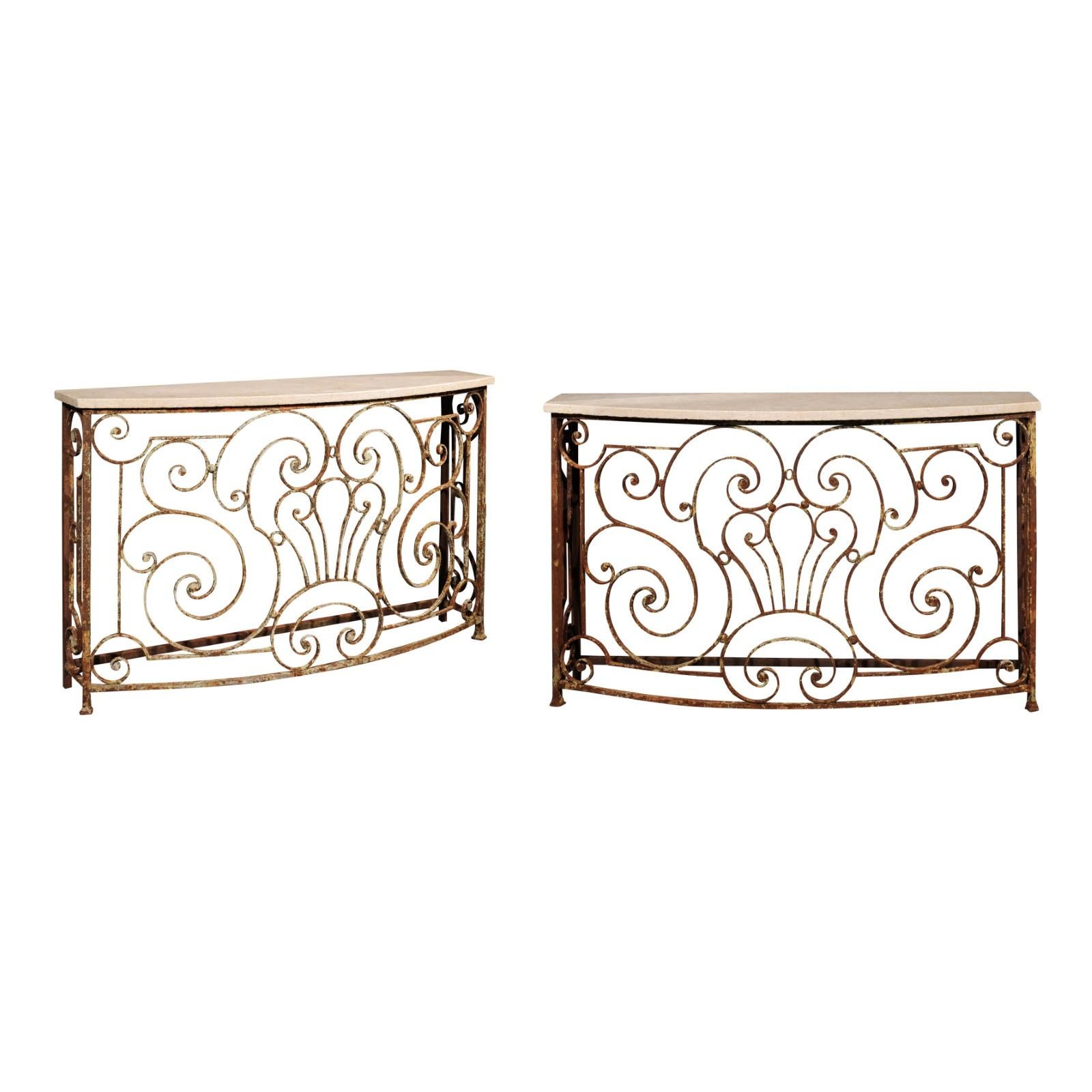 Console Table Made From Parisian 1880s Wrought-Iron Balcony and Custom Stone Top