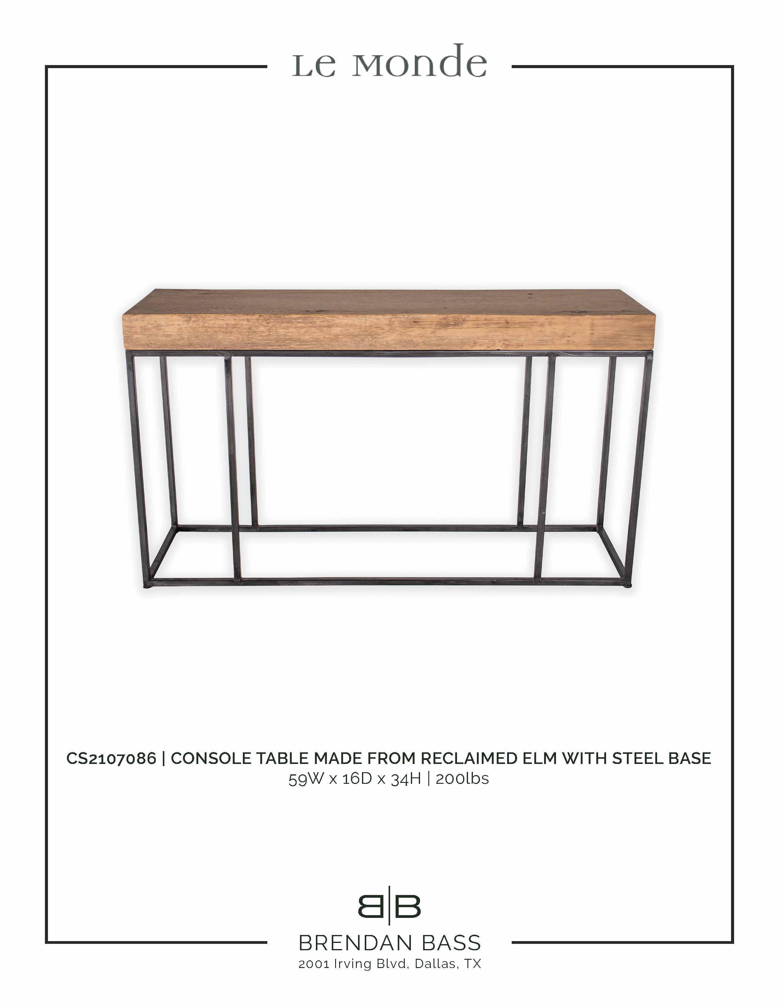 Contemporary Console Table Made from Reclaimed Elm with Steel Base