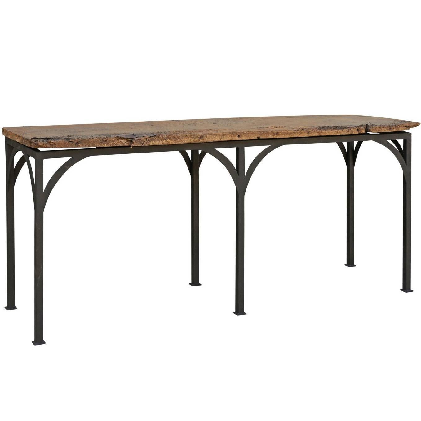 Console Table Made of an 18th Century Spanish Chestnut Board on Custom Iron Base