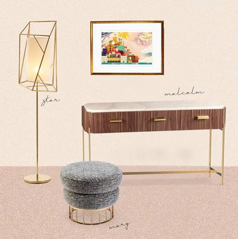 Malcolm console is a high quality product by Mambo Unlimited Ideas, crafted in carved wood veneer, brass applications and a marble top. It features slanted corners, elegant polished brass handles, discreet brass feet, a wood veneer body, toped with