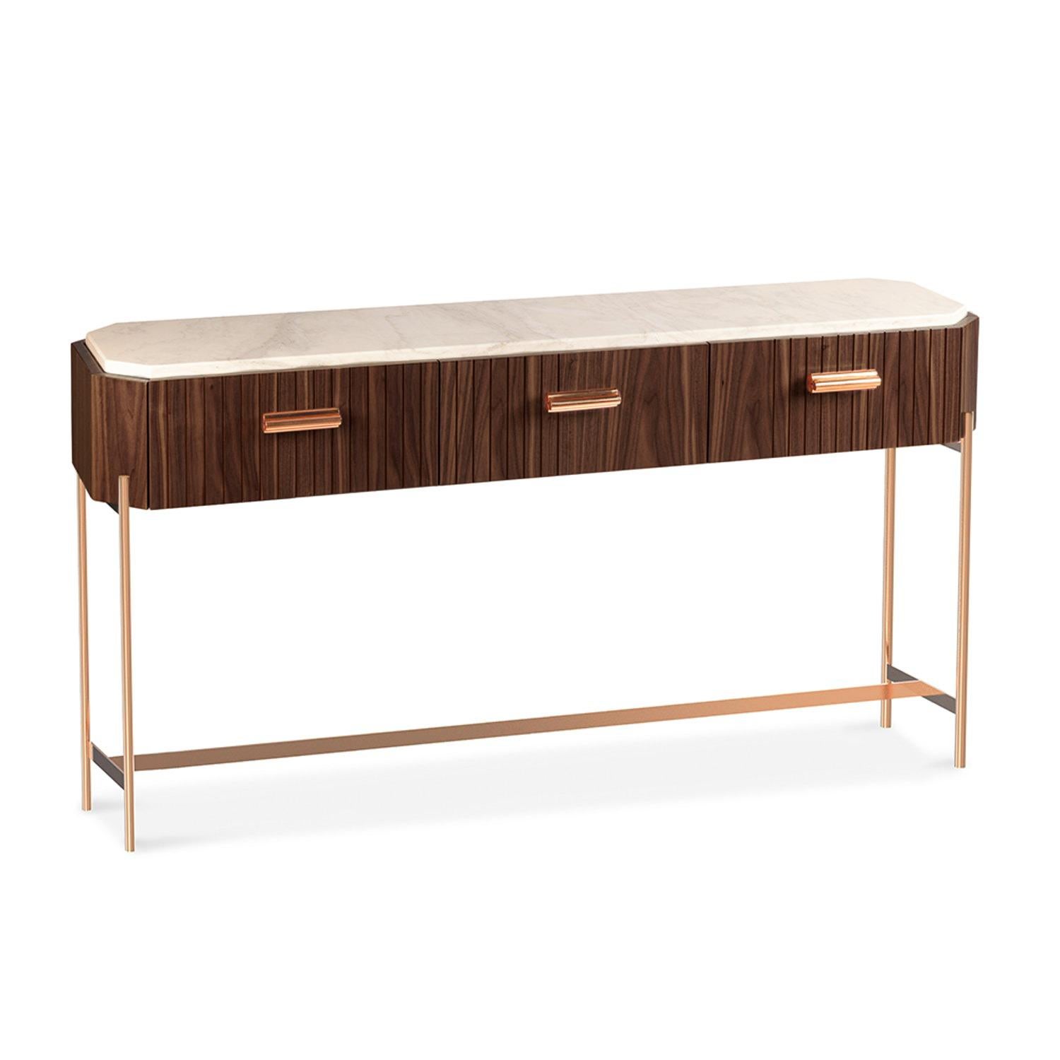 brass and wood console table