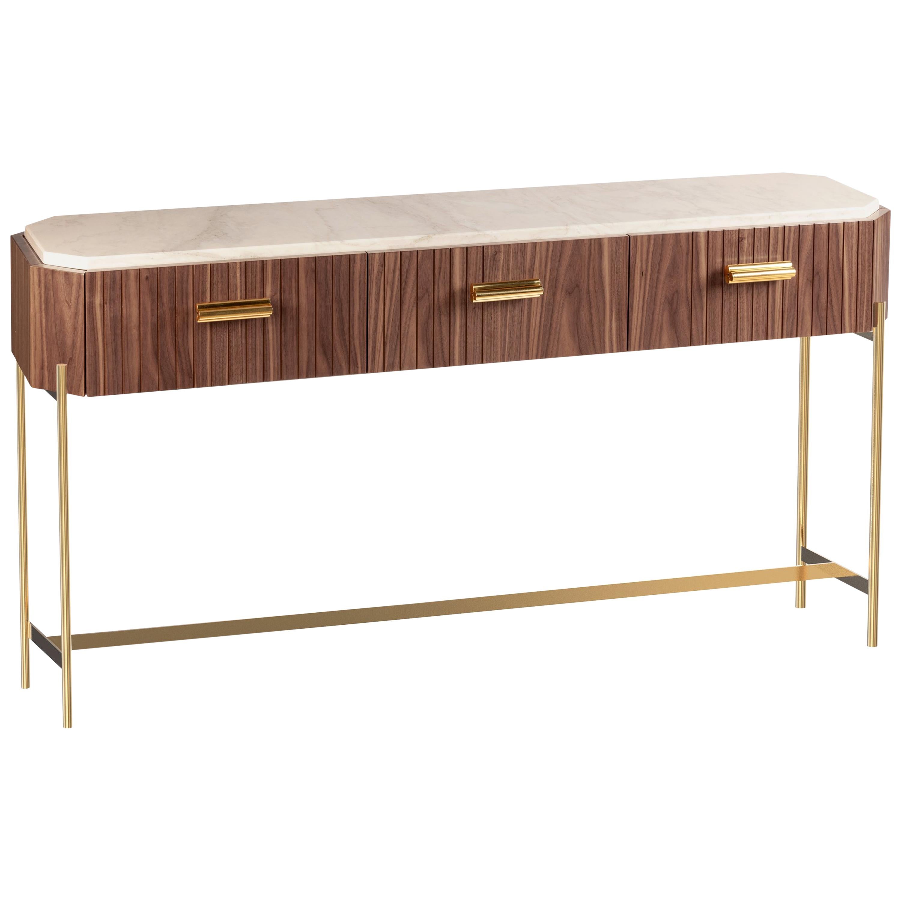 Galvanized Console Table Malcolm in Wood, Brass and Marble For Sale