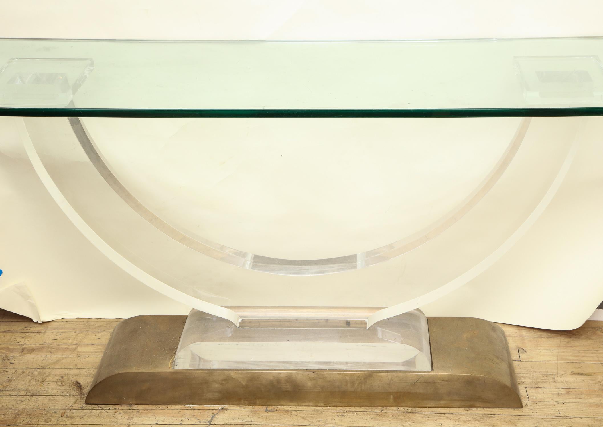 Console Table Mid-Century Modern Architectural Lucite Glass and Brass, 1970s 2