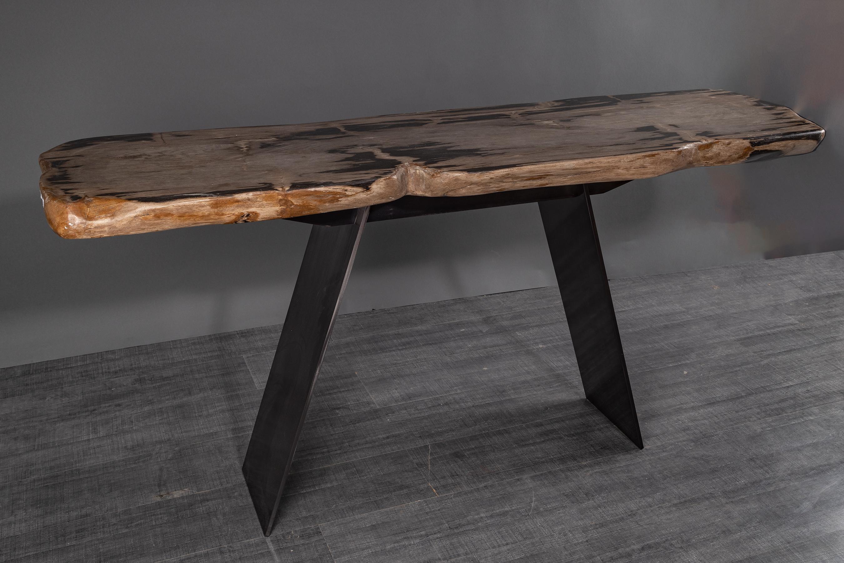 Polished Console Table, Natural Organic Shape, Petrified Wood with Metal Base