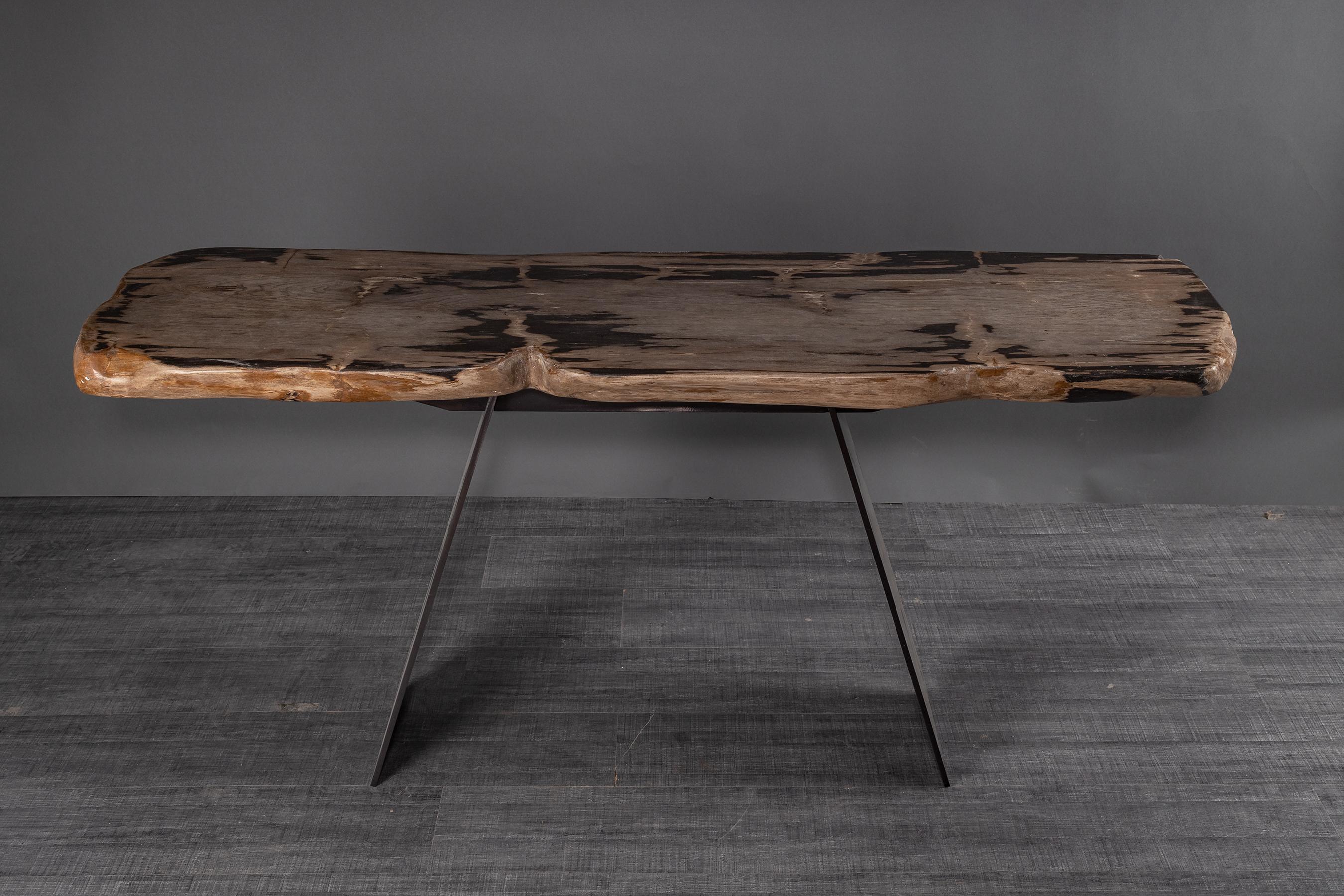 Console Table, Natural Organic Shape, Petrified Wood with Metal Base In New Condition In Polanco, CDMX