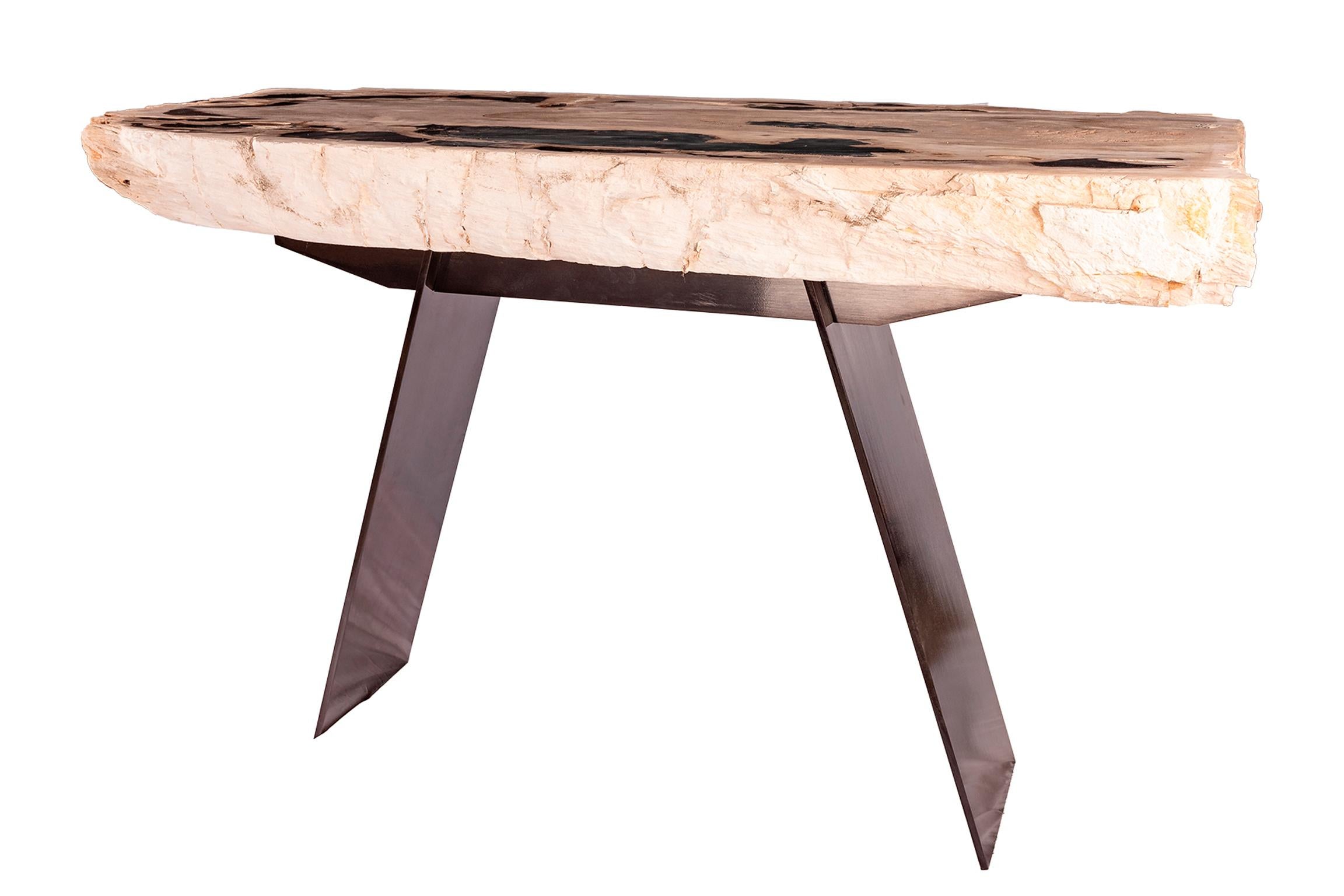 Console Table, Natural Organic Shape, Petrified Wood with Metal Base at 1stDibs