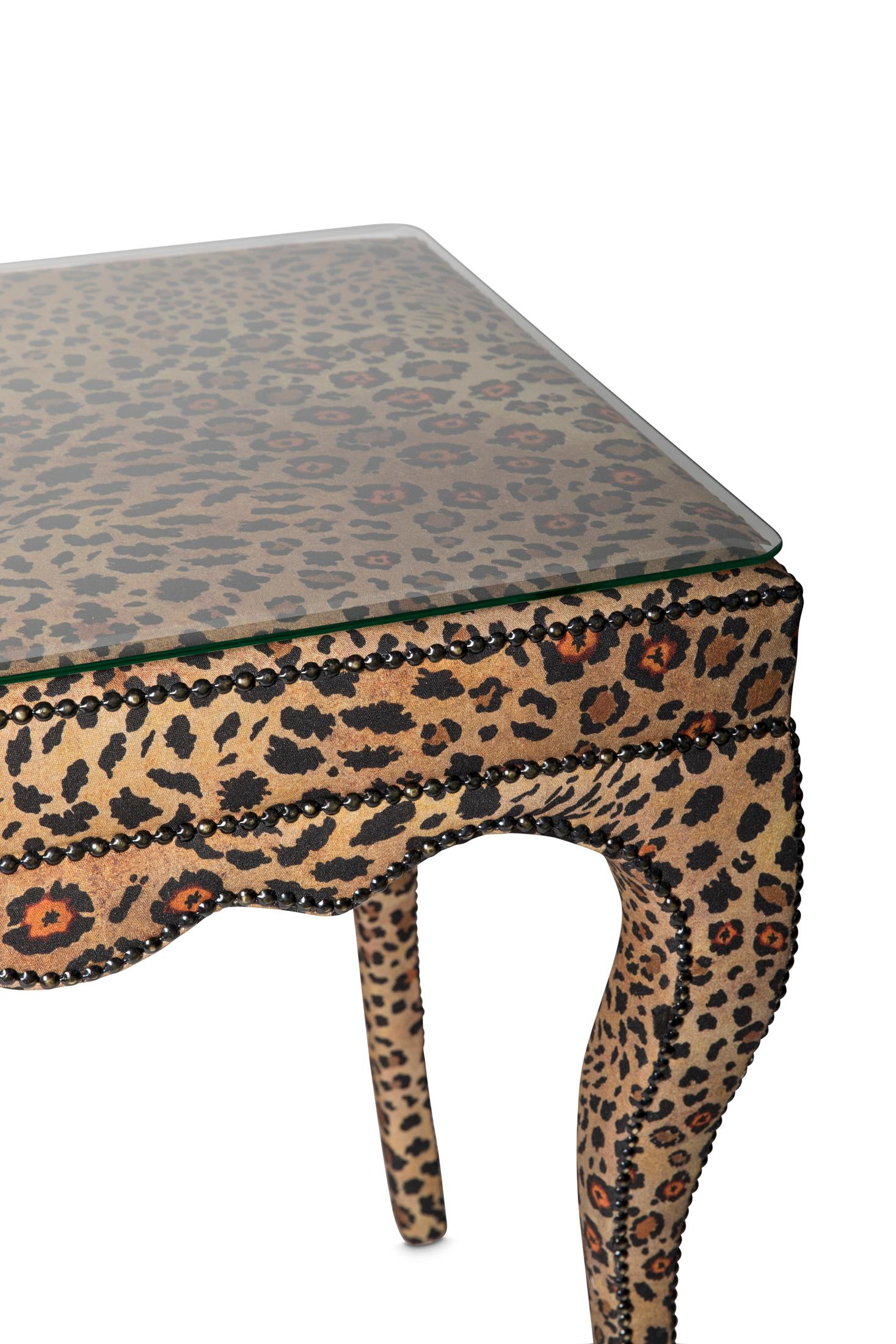 Glass Console Table - Nyala Safari Spot Linen Gold For Sale