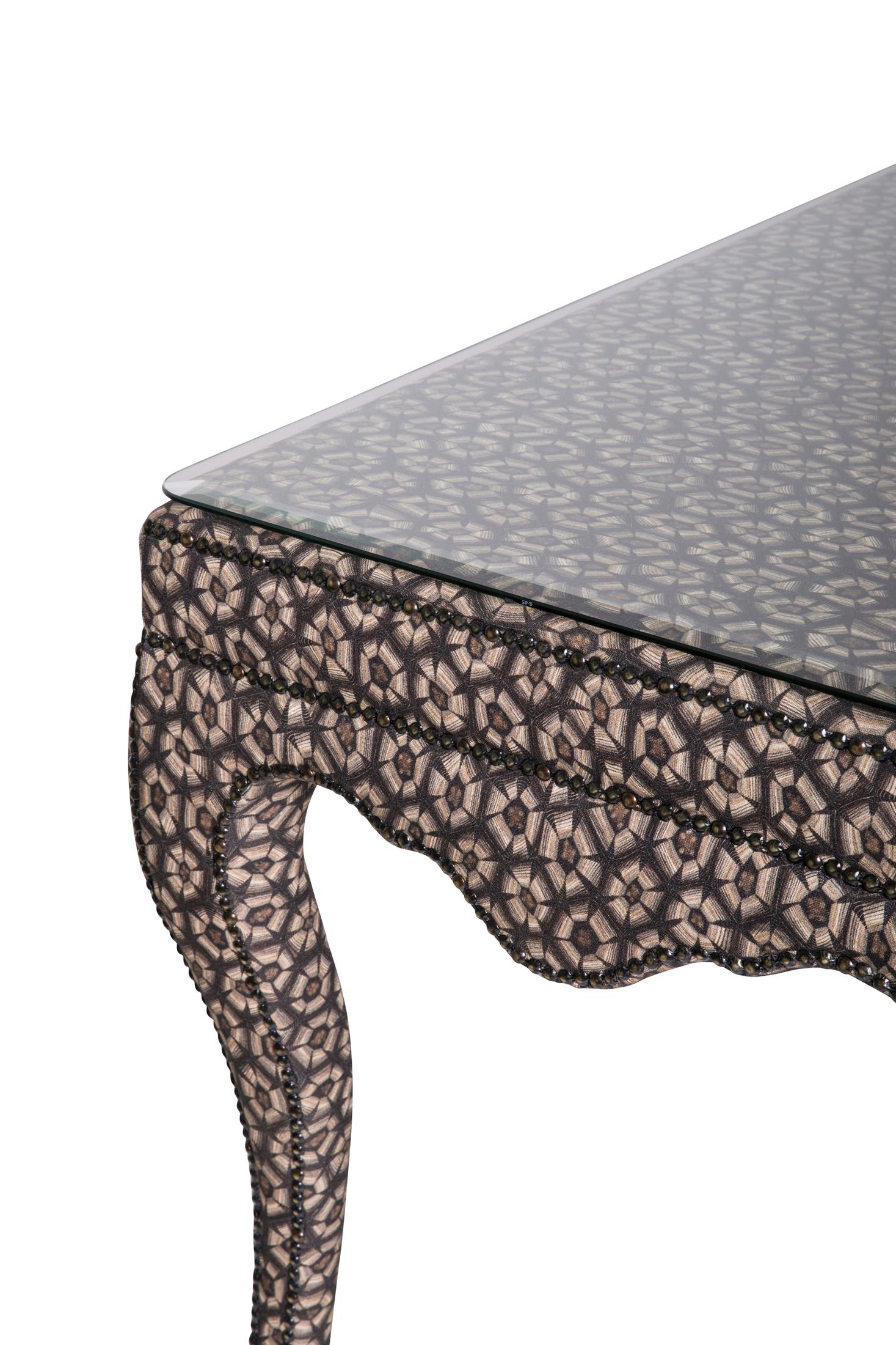 Beveled Console Table - Nyala Thanda Tortoise Linen Silver For Sale