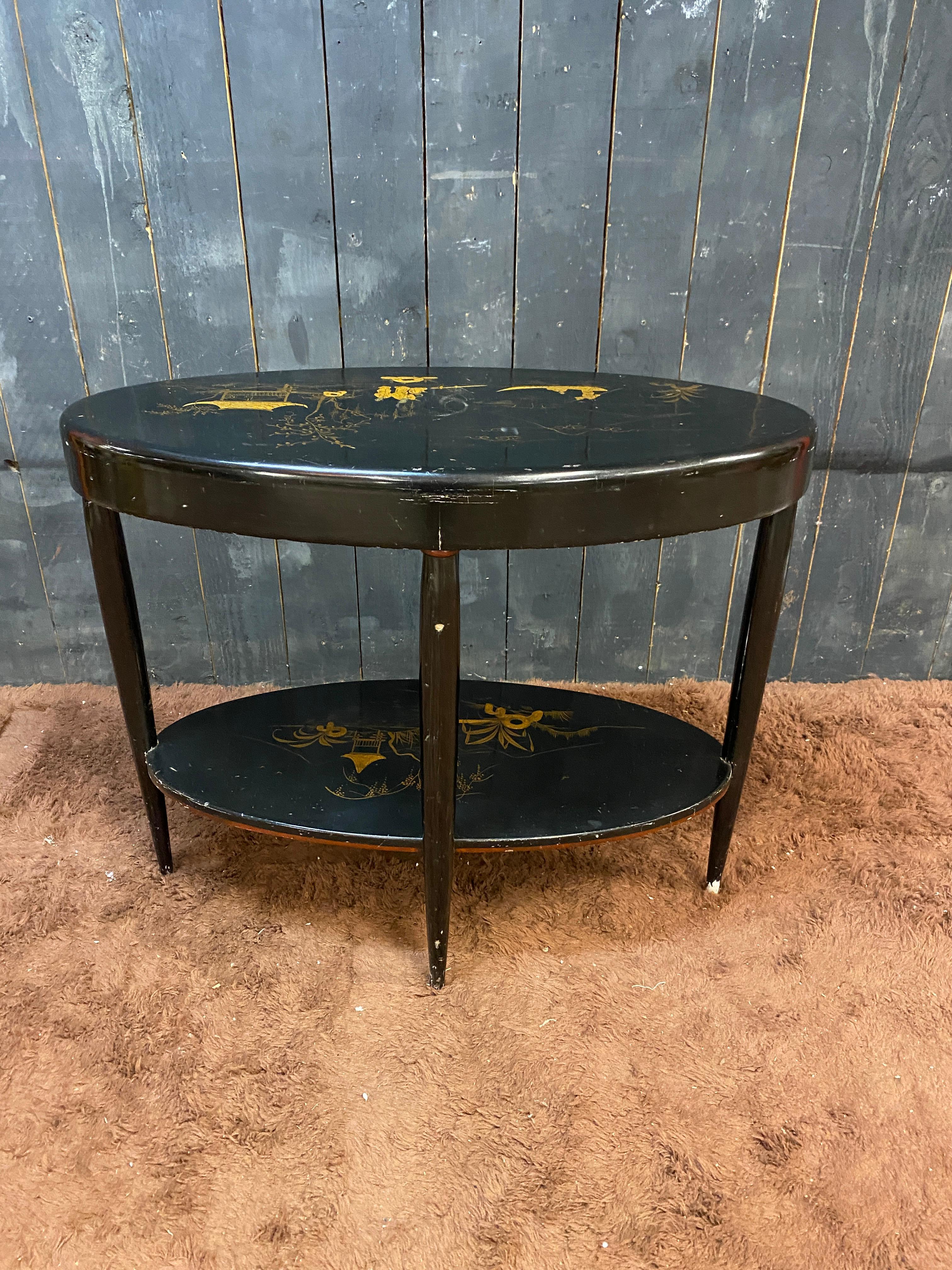 Table console ou Gueridon haut  en bois laqué noir et or circa 1930 en vente 1