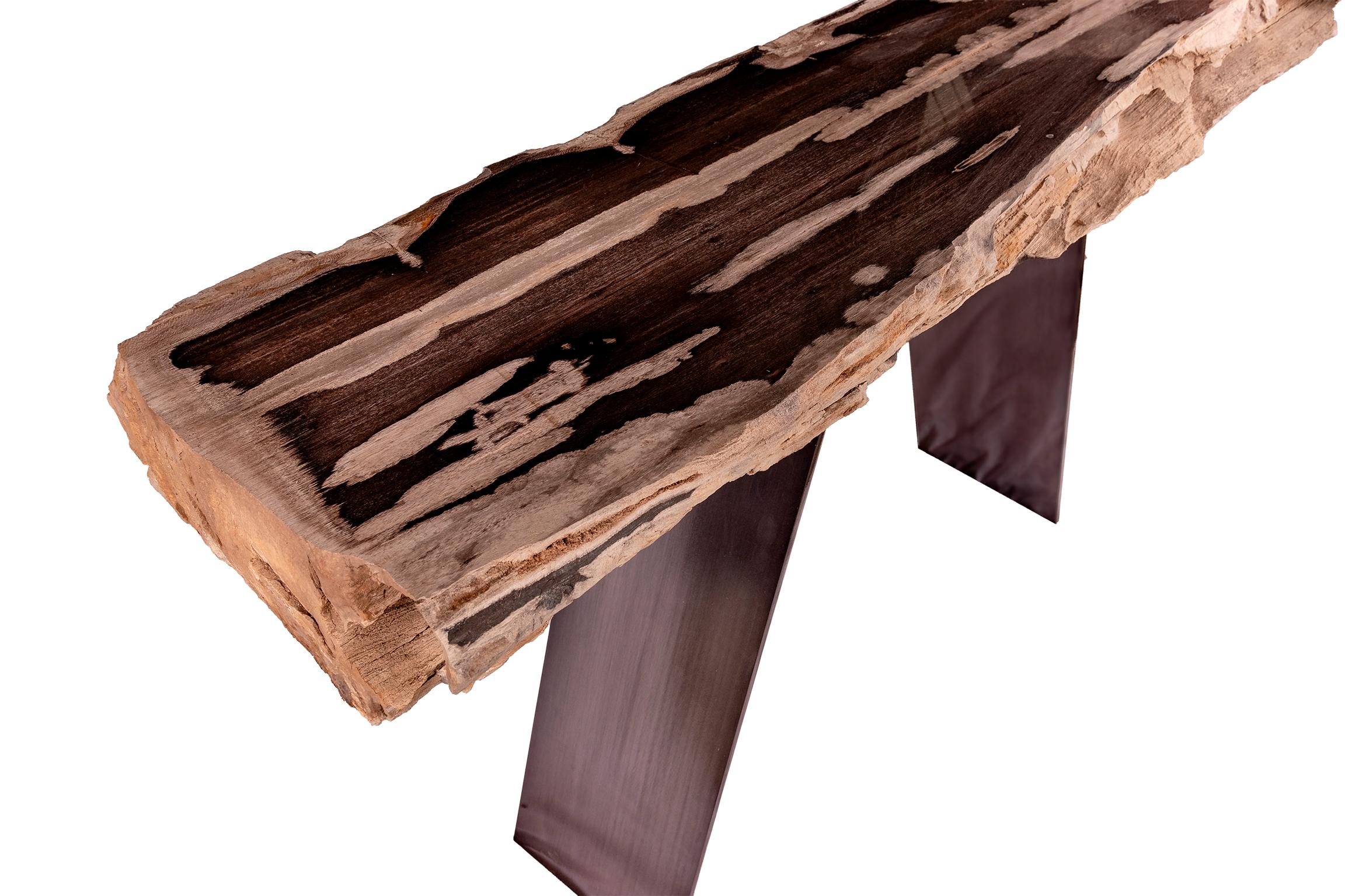 Console Table, Petrified Wood with Metal Base 1
