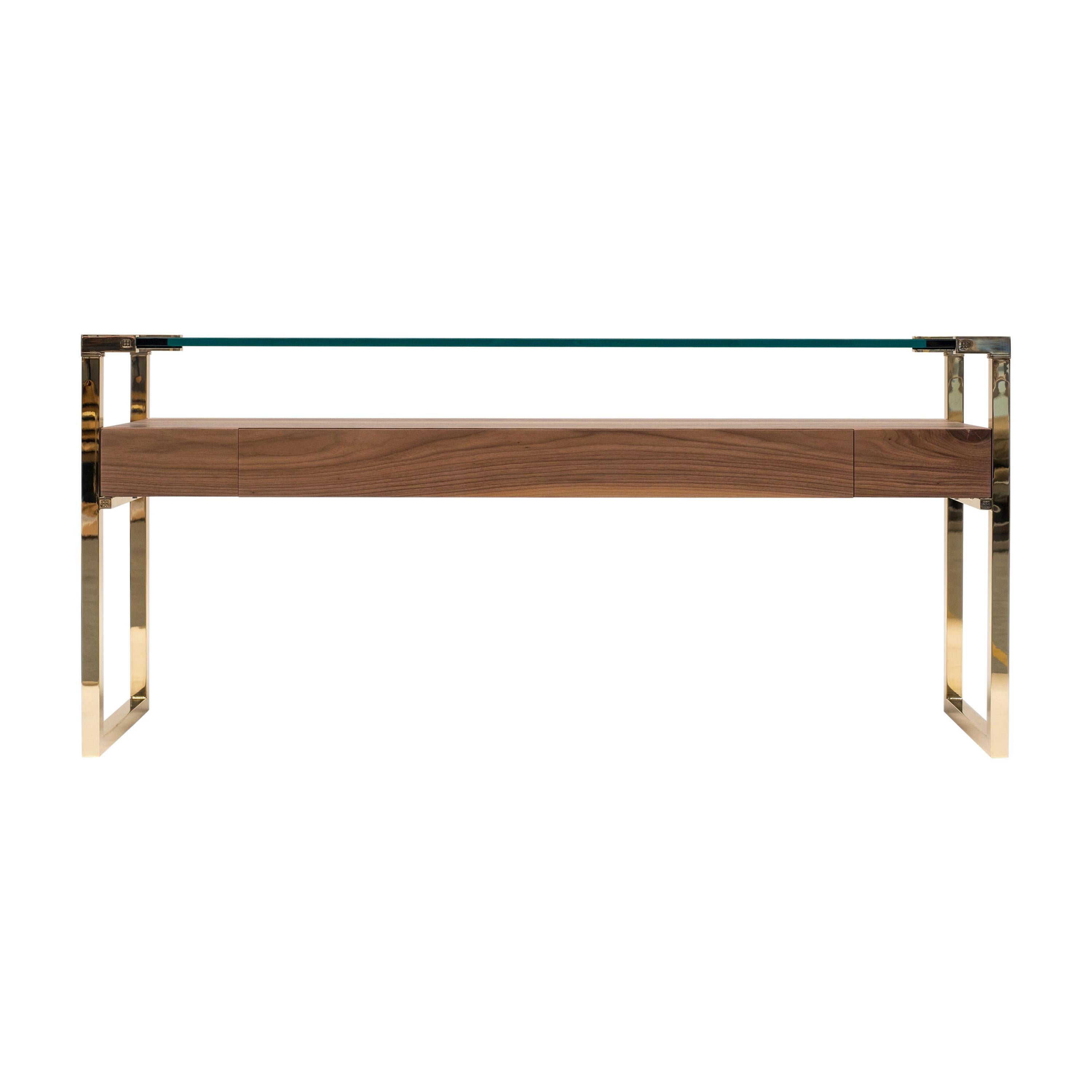 20th Century Bauhaus Style Polished Brass & Clear Glass Orson T53L Console Table