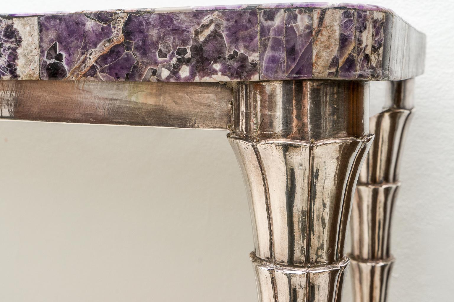 Glazed Console Table Purple Mosaic and Silver Clad Cornets