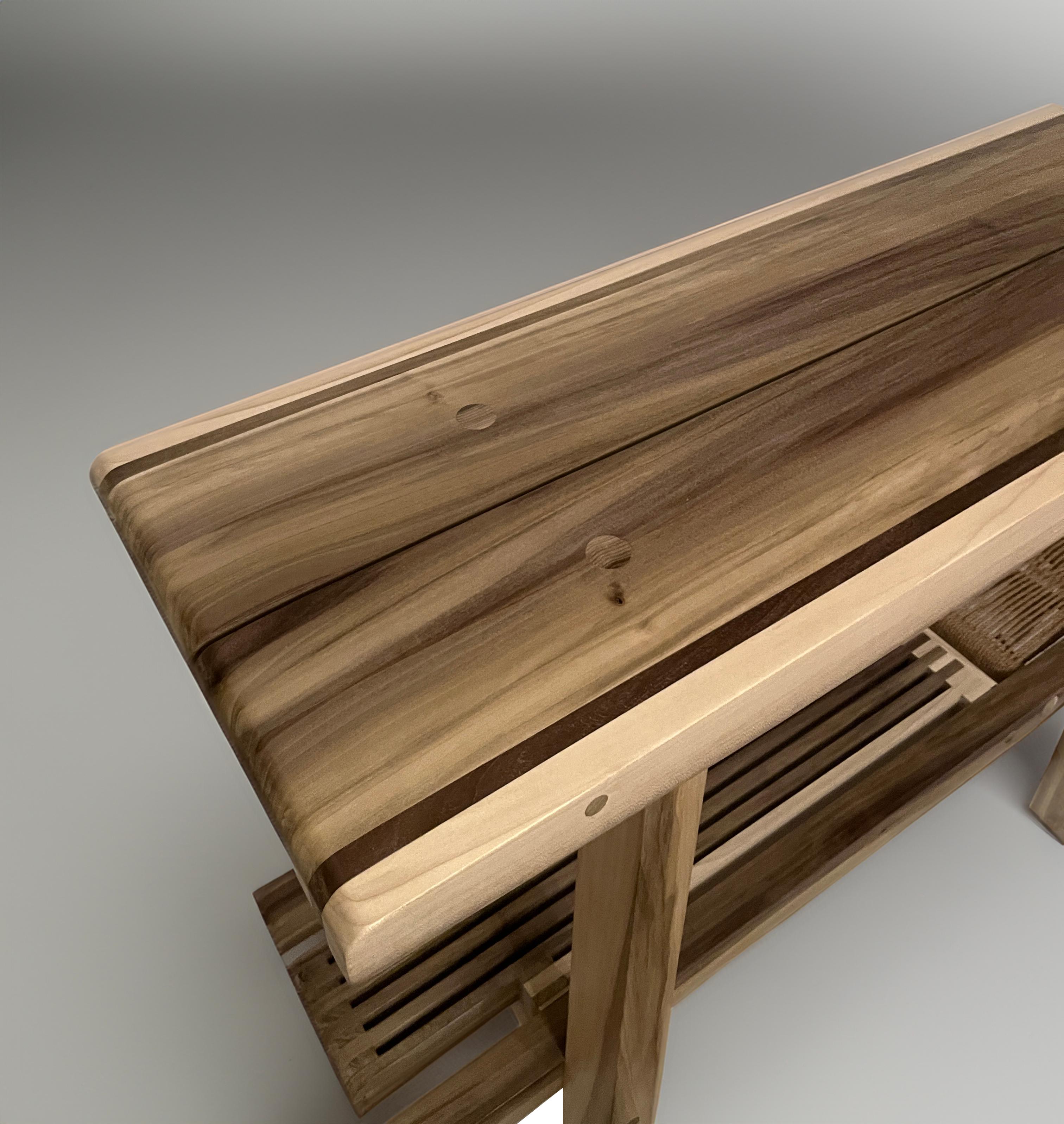 Hand-Crafted Console Table, Rainbow Poplar Hand-Made Minimal Design with Shelf by Mark Bowers For Sale
