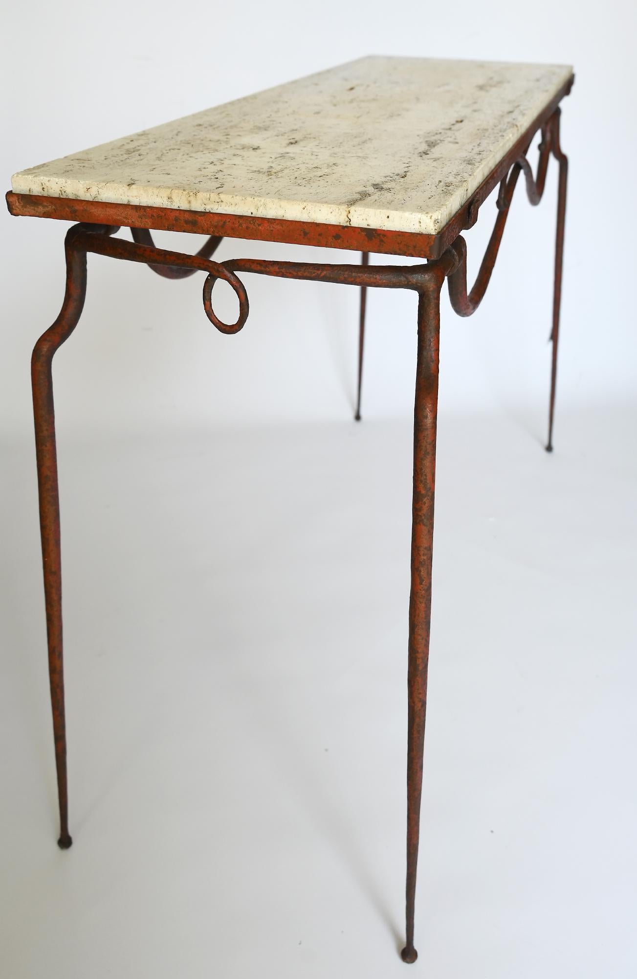 Console Table Rene Prou France 1930s Iron Travertine Top In Good Condition In Epfach, DE