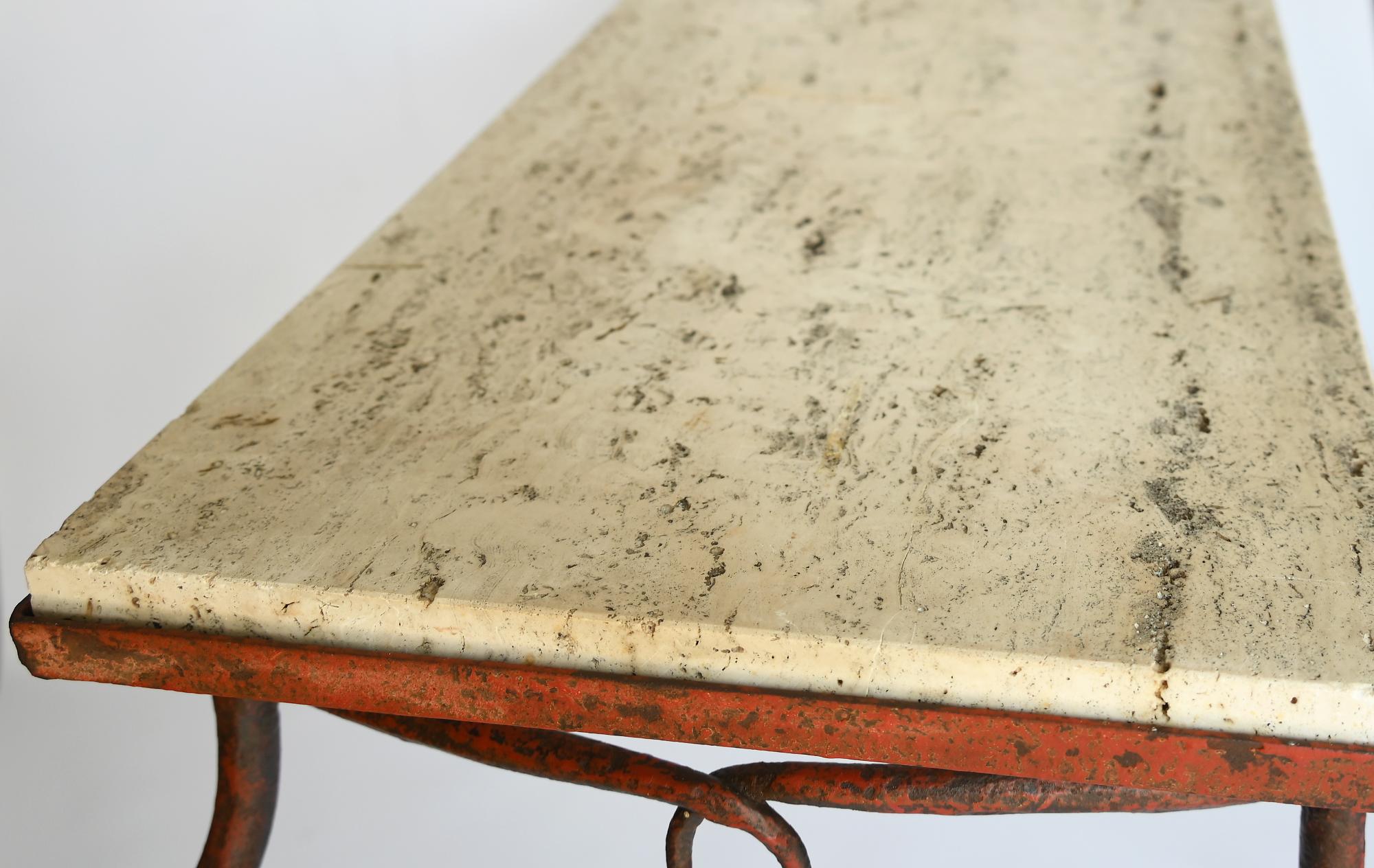 Mid-20th Century Console Table Rene Prou France 1930s Iron Travertine Top