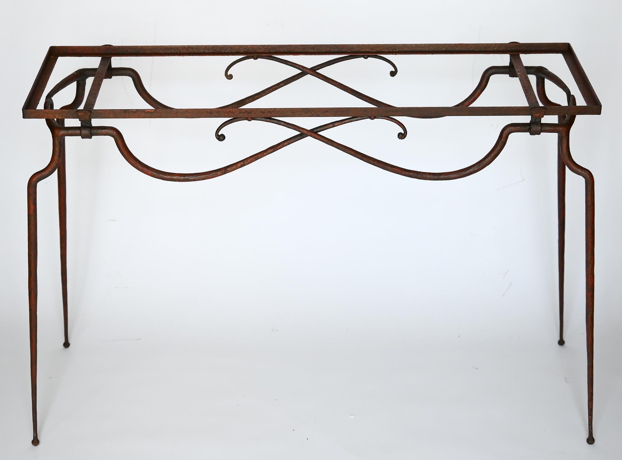 Console Table Rene Prou France 1930s Iron Travertine Top 1