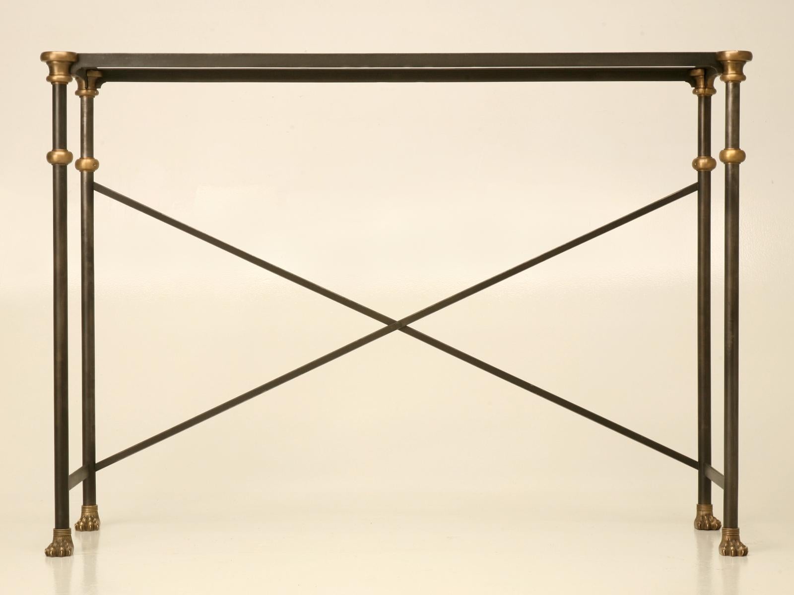 Custom handmade Stainless Steel and Bronze Console Table or Sofa Table with your choice of tops. Having a custom finish in a mottled charcoal effect shown in images 4, 5, & 6 and handmade to the designer’s specifications. Our own in-house artisans