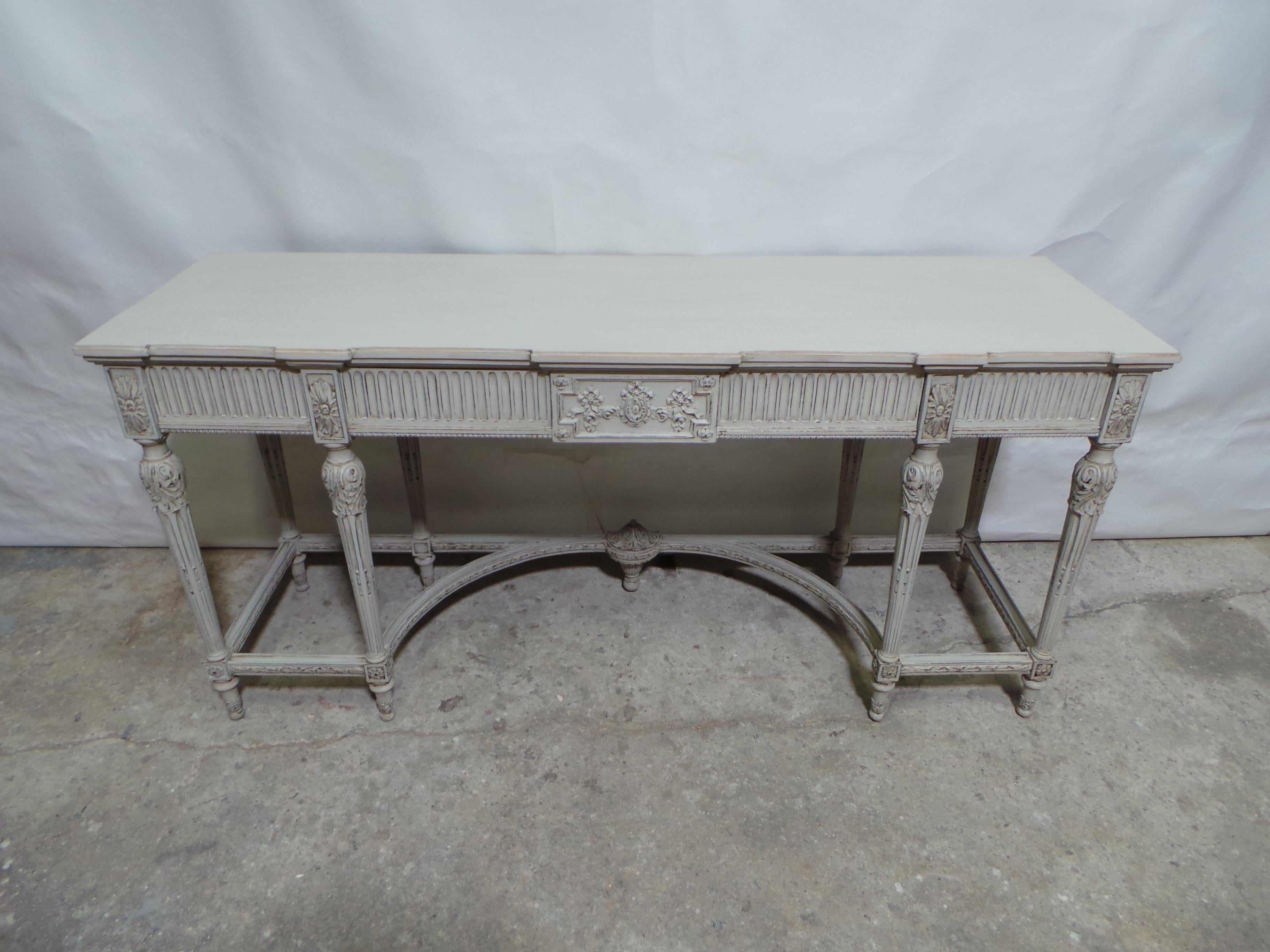 This is an Incredible 3 drawer Swedish Gustavian style console table. its been restored and repainted with Milk paints 