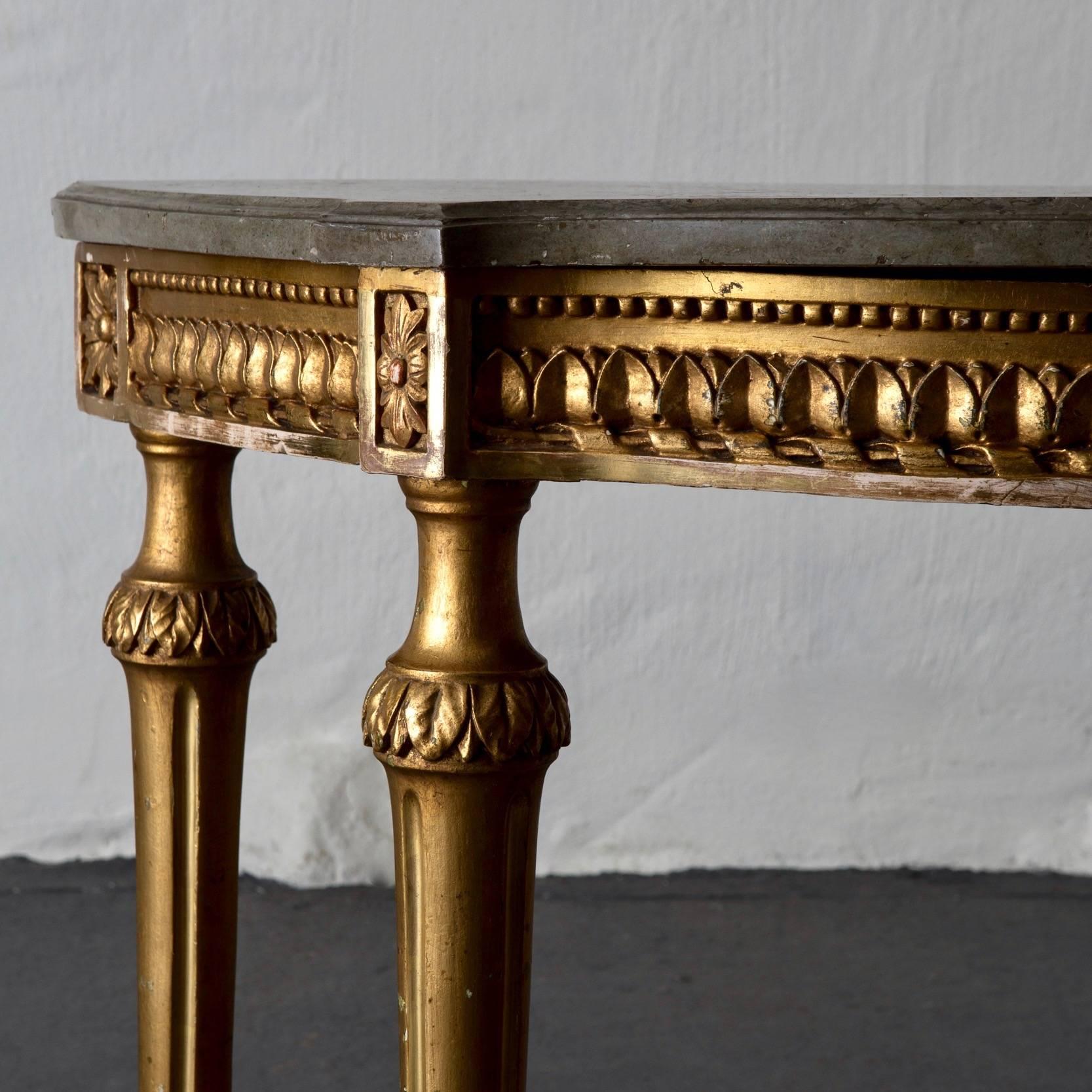 Giltwood Console Table Swedish Gustavian Gilded Stone Top Neoclassical, Sweden For Sale