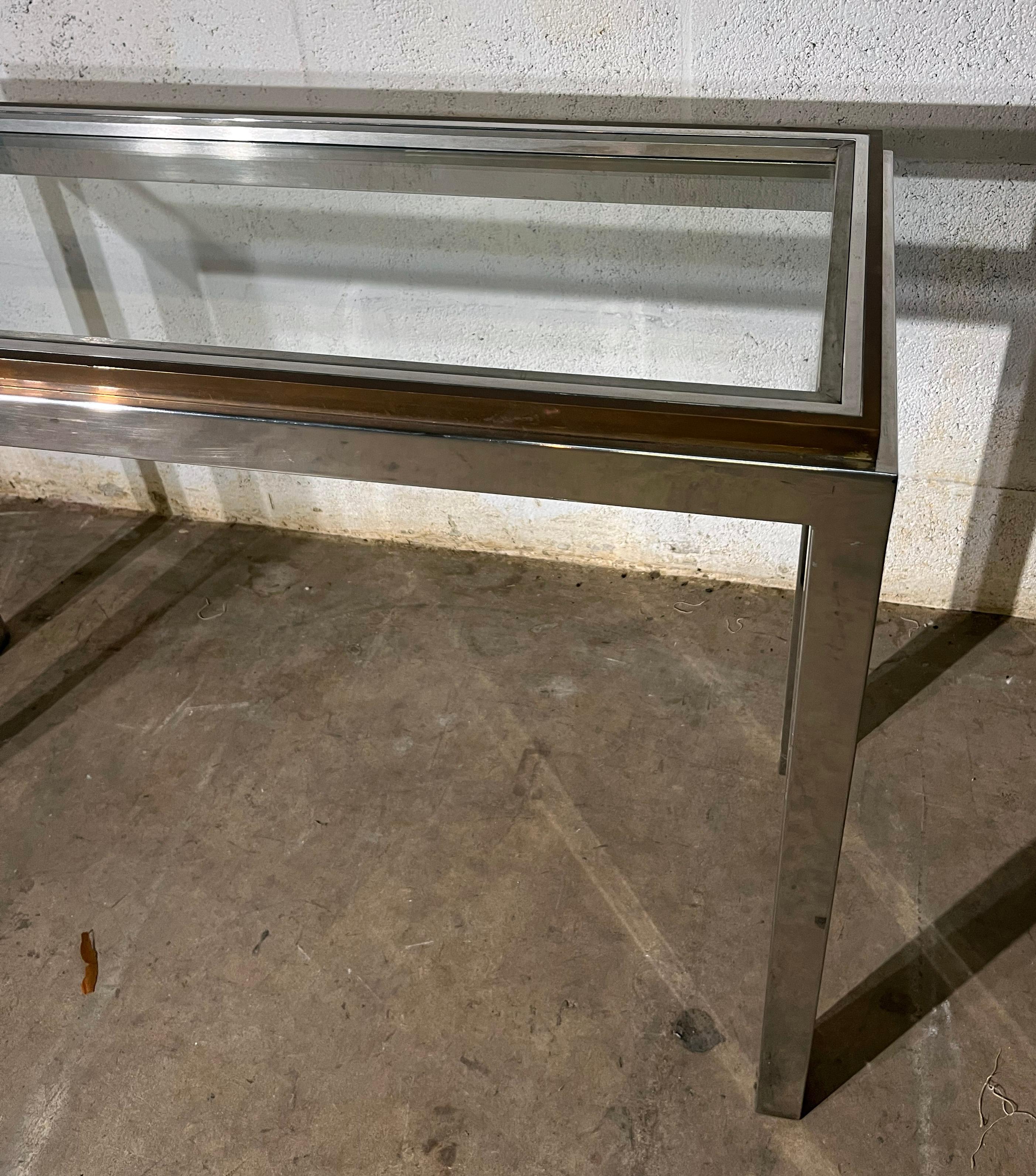 Mid-Century Modern Console Table  W . Rizzo style Chrome Brass metal Glass  Top For Sale