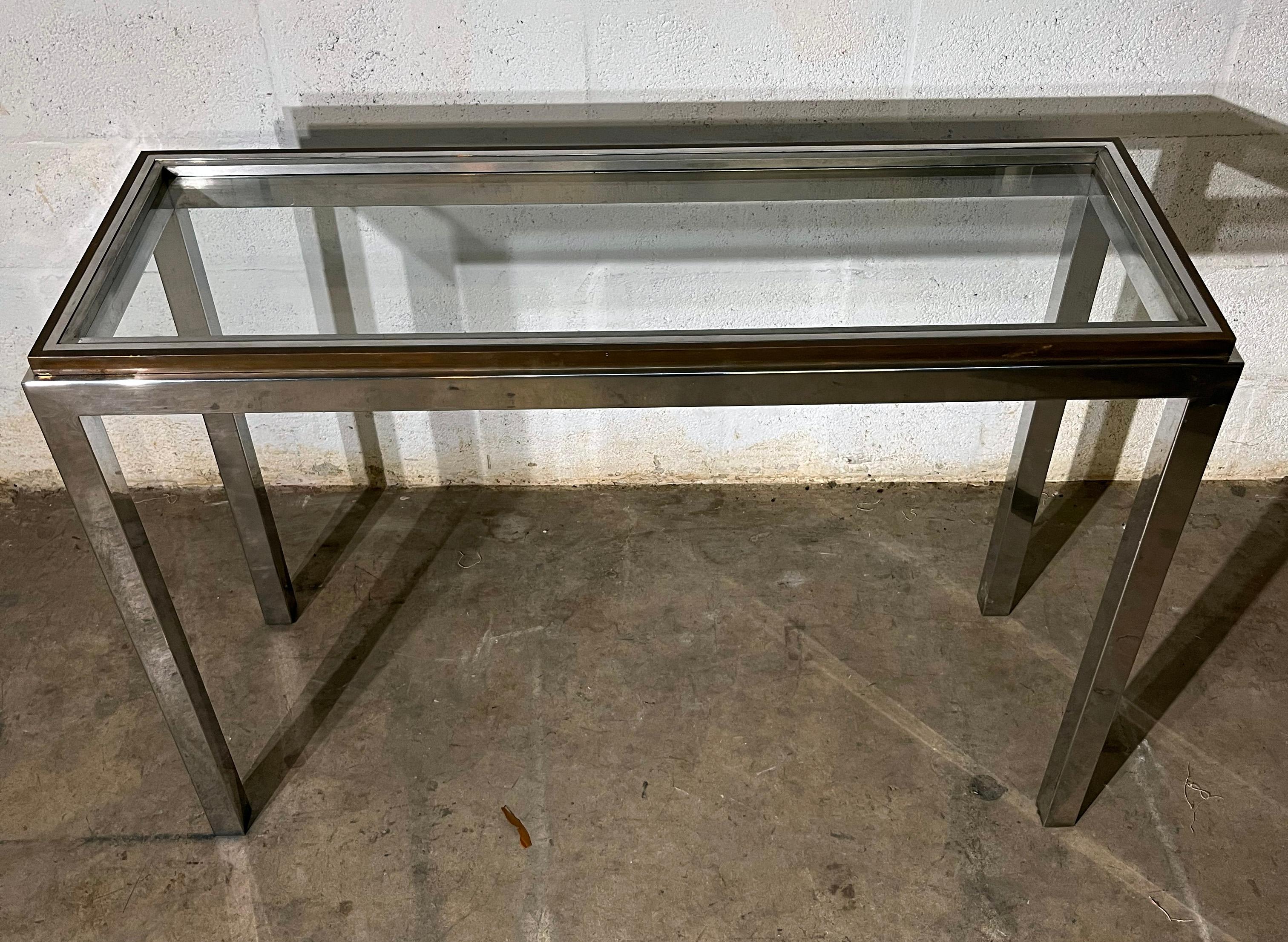 Italian Console Table  W . Rizzo style Chrome Brass metal Glass  Top For Sale
